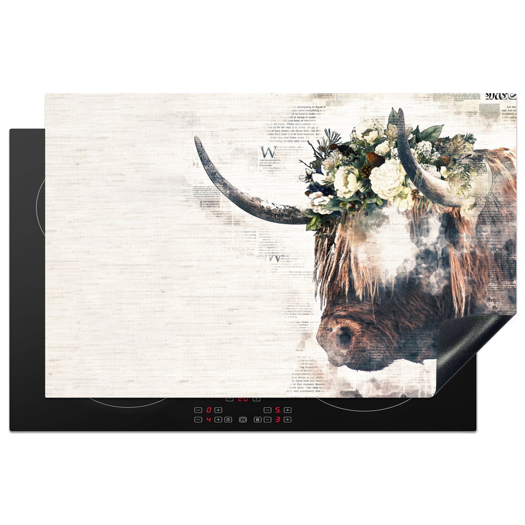 MuchoWow Herdblende-/Abdeckplatte Schottische Highlander - Kühe - Blumen, Vinyl, (1 tlg), 81x52 cm, Induktionskochfeld Schutz für die küche, Ceranfeldabdeckung