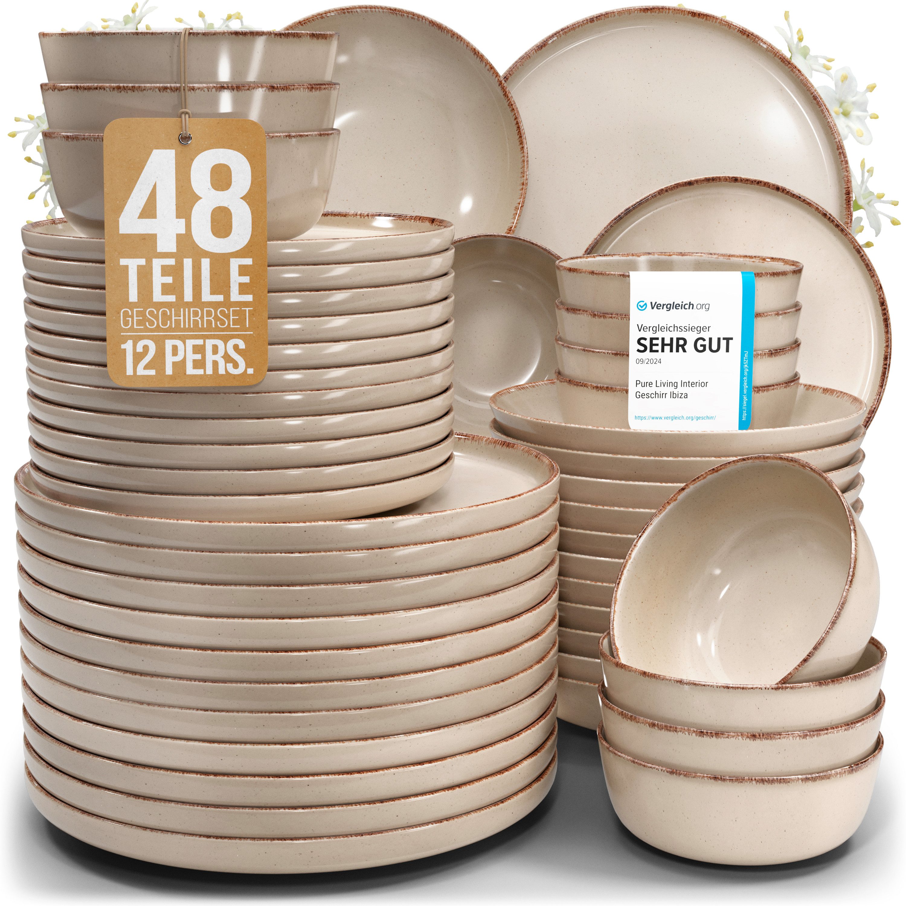 PURE LIVING INTERIOR DESIGN Geschirr-Set Rustic aus Steingut, 48-tlg., für 12 Personen, Beige (48-tlg), 12 Personen, Steingut
