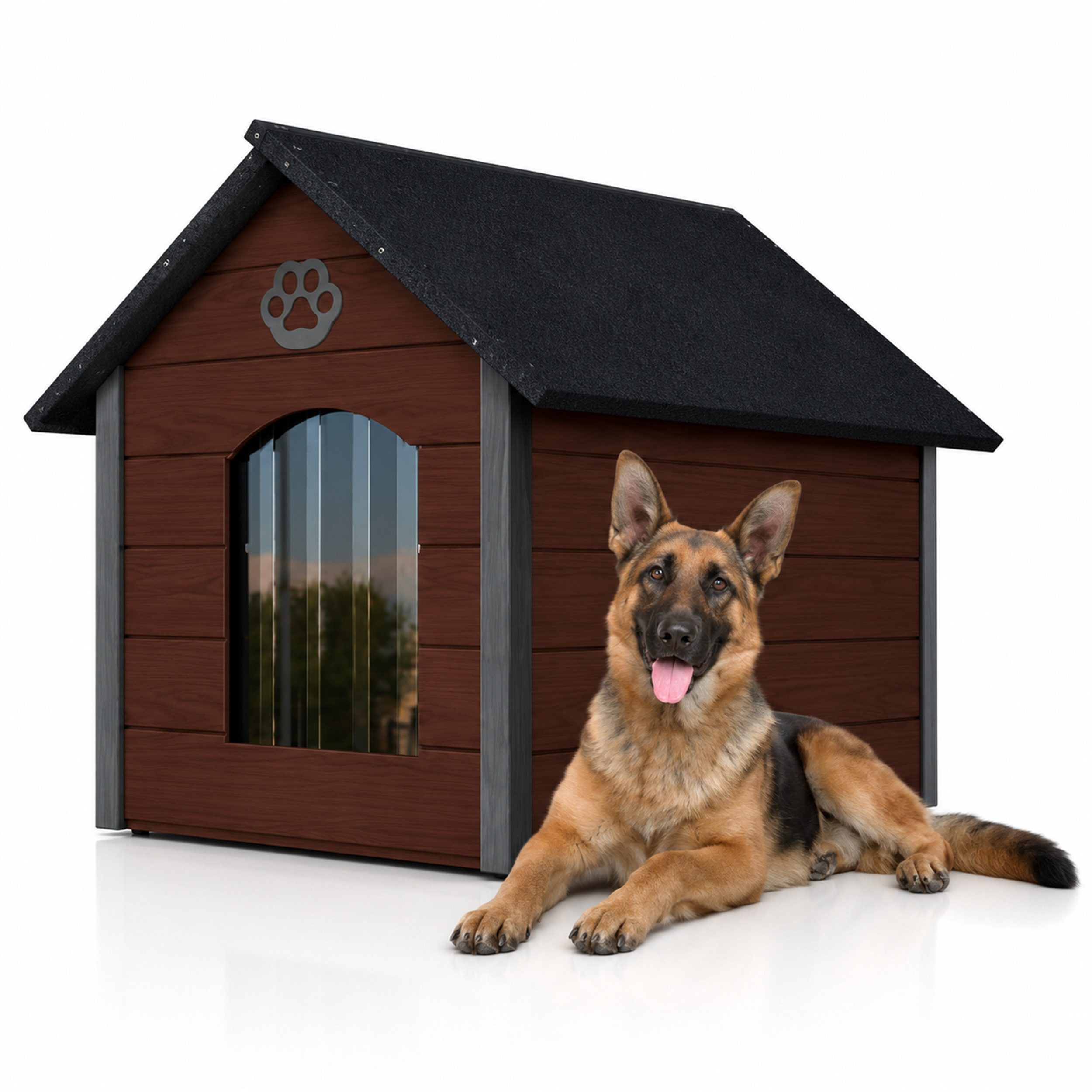 QLS Hundehütte XL 104x74cm isoliert für draußen mehrere Farben, Mit Wärmeschutzvorhang und Satteldach, individuell streichbar