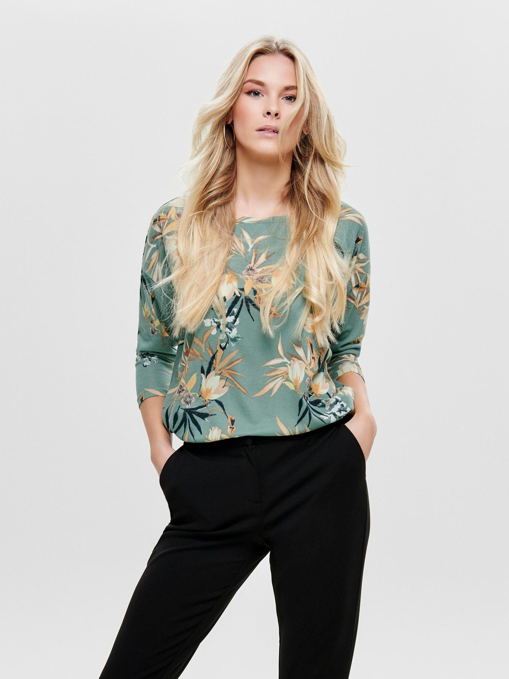 ONLELCOS Rundhals in Arm Muster ONLY Shirt Grün-3 3/4 Pullover Longpullover Print Dünner 5117