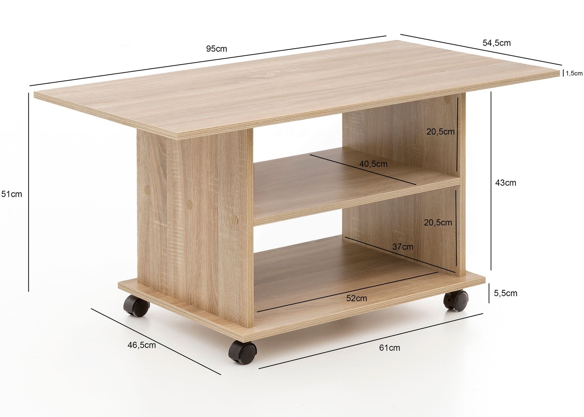 Wohnling Couchtisch WL5.739 95 x 51 x 54,5 cm Wohnzimmertisch Sofatisch mit Rollen (95x51x54,5 cm, Sofatisch Sonoma Drehbar mit Rollen), Wohnzimmertisch Rechtec – Bild 4 von 5