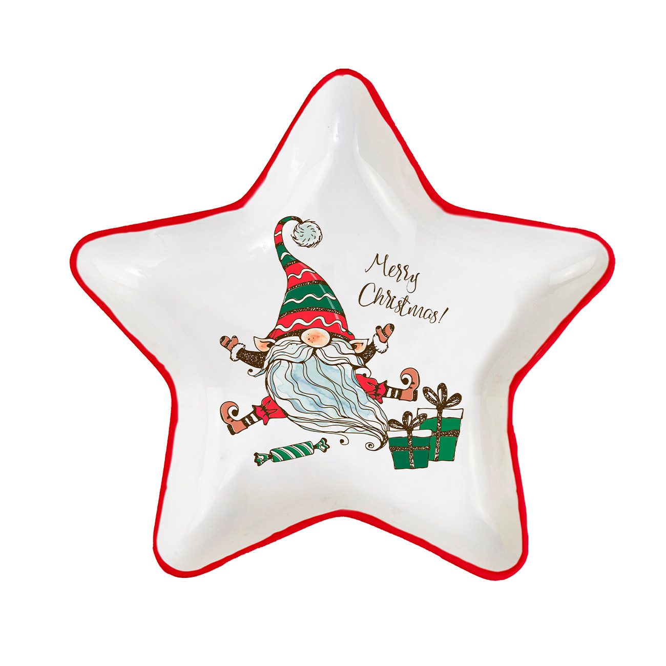 Geda Labels GmbH Gebäckteller Stern Merry Christmas Wichtel, Keramik, (1-tlg), Weiß, 18,5x18,5x2,3, spülmaschinengeeignet