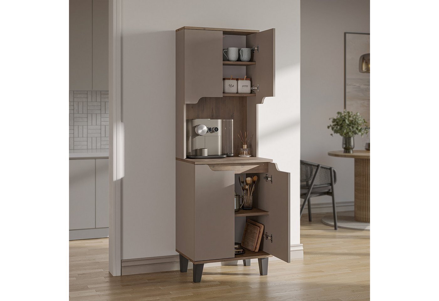 Roomart Küchenbuffet DEFNE mit Nische Kaffeebar Mikrowellenschrank Vorratsschrank, 5 Farben Offene Nische für Kaffeemaschine, 4 Türfächer