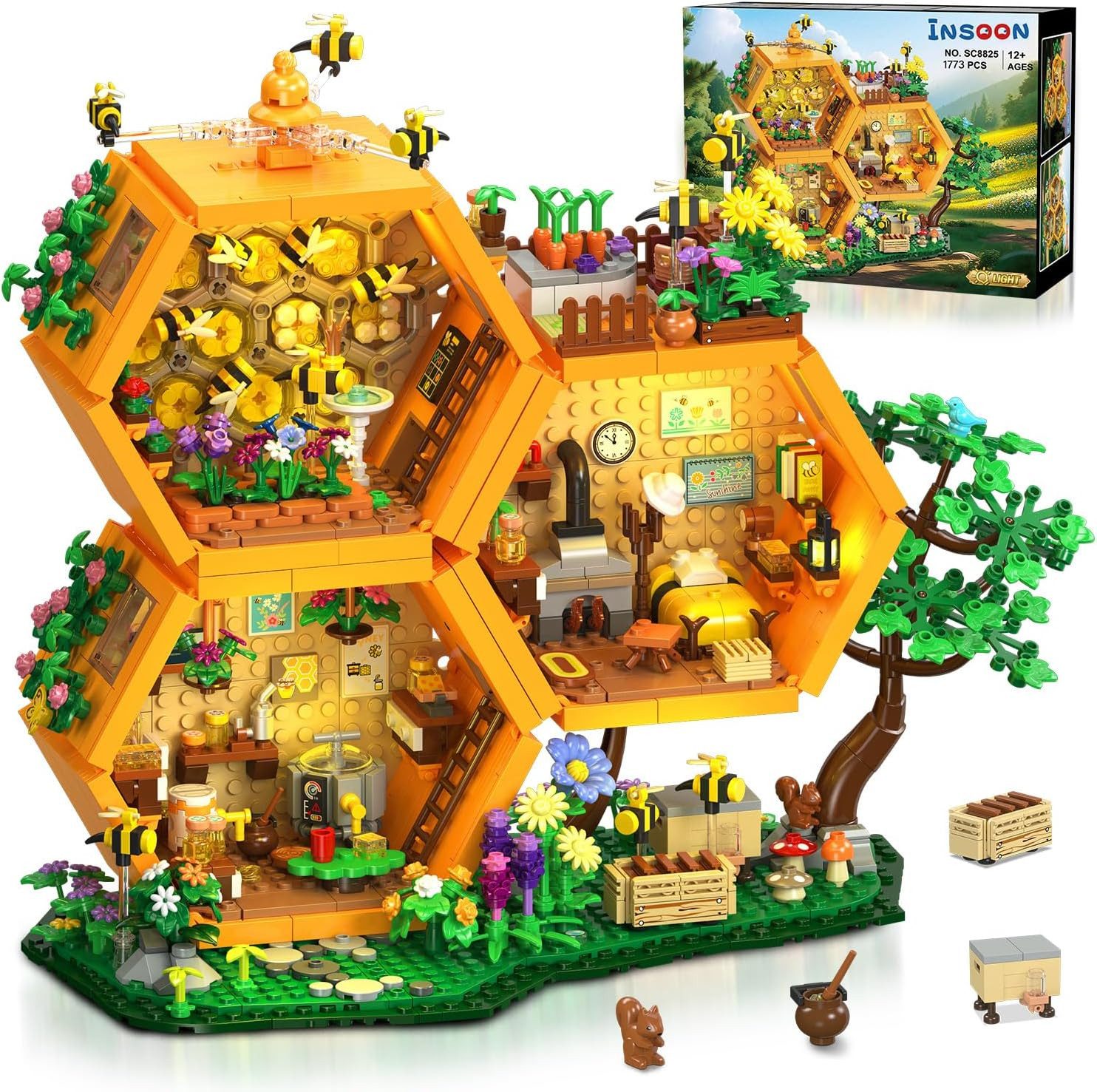 INSOON Bienen Bauernhof Haus Bauset mit Licht für Erwachsene Mädchen 12+ Spielbausteine, (Set, 1773 St., Honig Cabin Bausteine mit Blumen Botanical Tiere), Baumhaus Klemmbausteine Modell Deko Geschenk für Jungen ab 12+