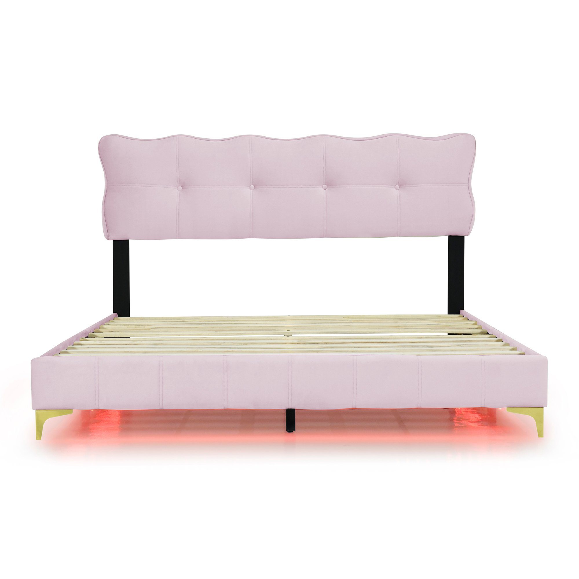 Polsterbett, LED Doppelbett mit gepolstertem Kopf- & Fußteil, Samtstoff, 160x200cm