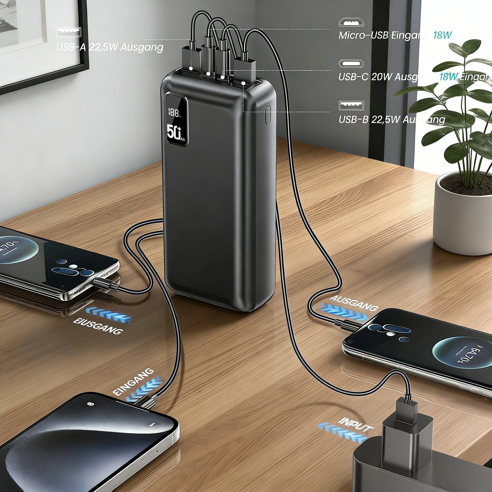 AeroAxis Powerbank 50.000 mAh 22,5 W Schnellladegerät Externer Akku Powerbank 50000 mAh, kompatibel mit iOS & Android, ideal für Camping, Reisen & Notfälle – Bild 4 von 5