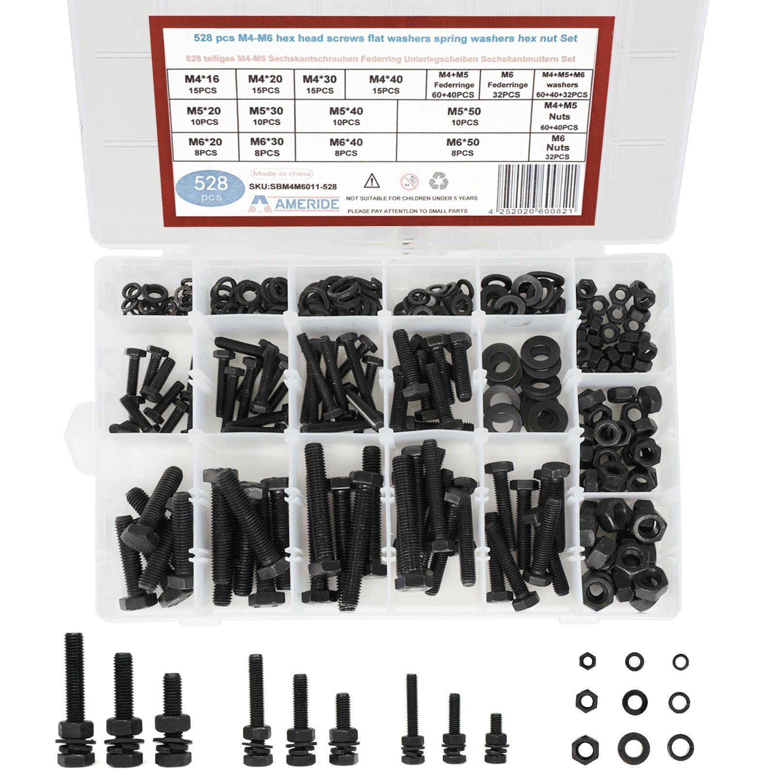 Kohlenstoffstahl 528 Stück Sechskant M5 M4 Schrauben Schrauben-Set, M6 Schwarz (528 home St), Set style