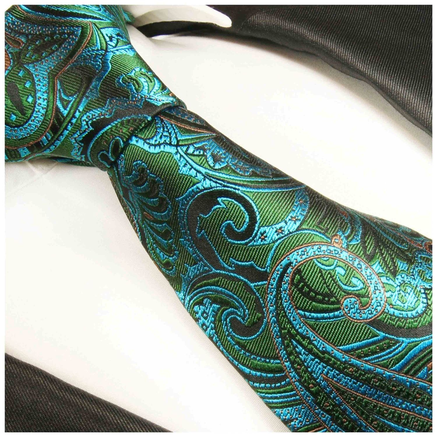Malone Krawatte Schlips brokat Elegante 100% Paul (8cm), blau Seidenkrawatte türkis paisley 2008 Herren grün Breit Seide