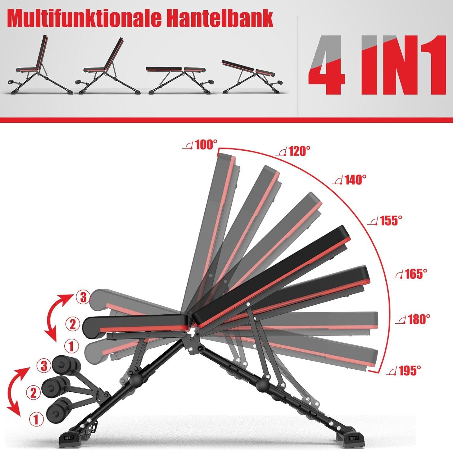 DH FitLife Hantelbank klappbar verstellbar, (7-fach verstellbare Rückenlehne & 3-fach Sitz, multifunktional für Flachbank & Schrägbank, stabil & platzsparend), Trainingsbank Fitnessbank multifunktional für Fitness u. Krafttraining