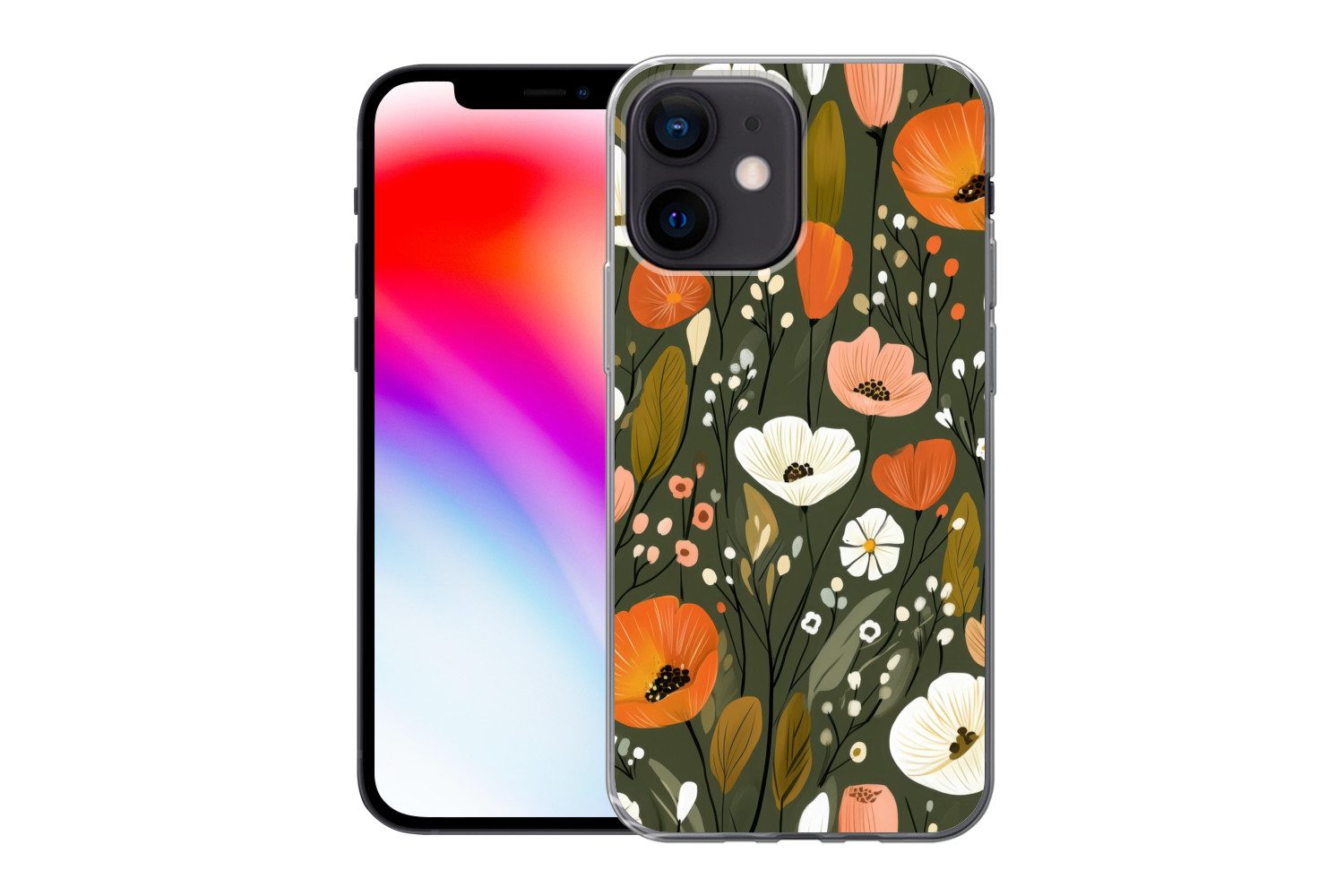 MuchoWow Handyhülle für Apple iPhone 12 Mini Blumen - Illustration - Grün, Smartphone-Bumper, Print, Handy Schutzhülle Dünn
