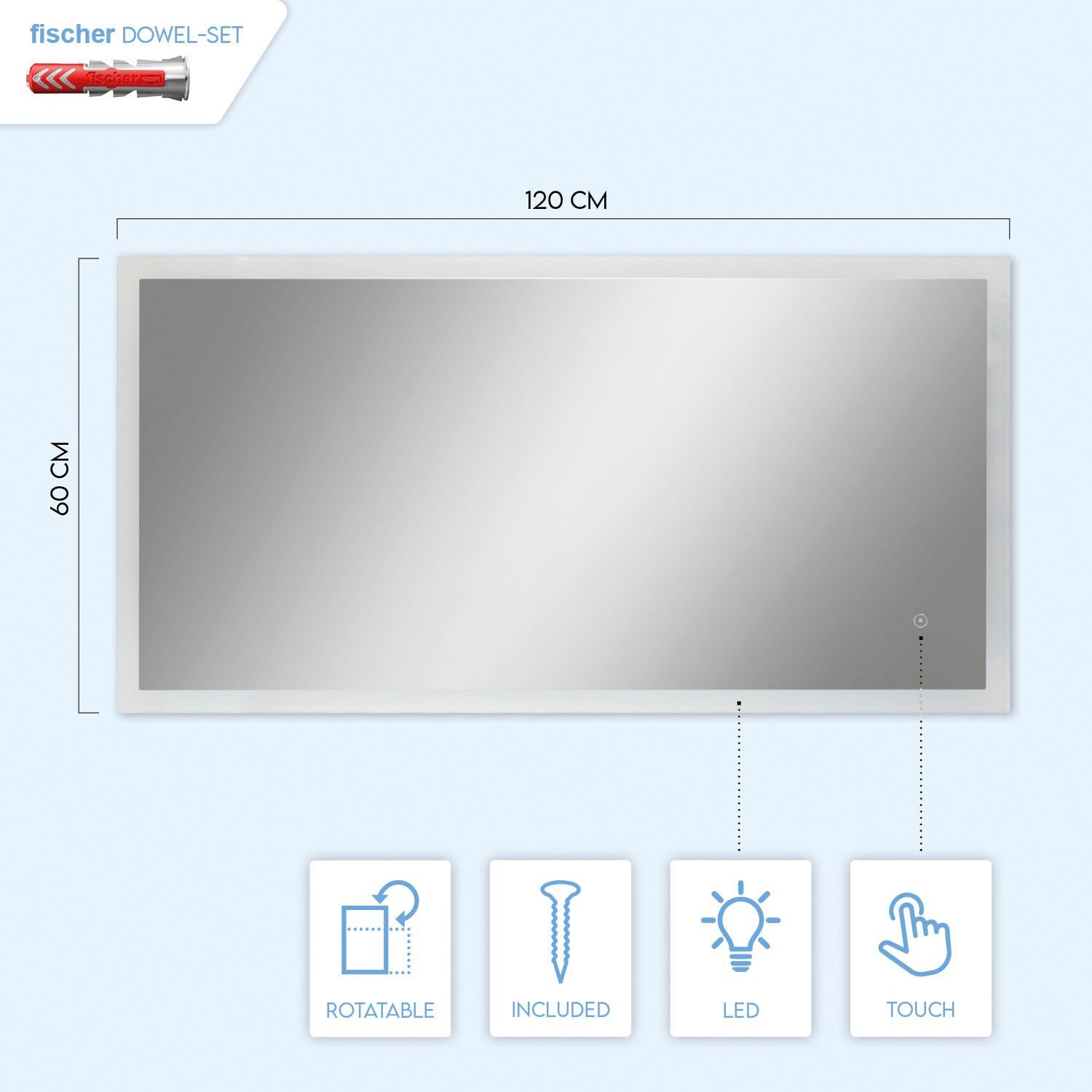 Home LED K LED Wandspiegel Backlight BECKY, Spiegel Paco integriert, Beleuchteter fest Touch-Schalter Wandleuchte Neutralweiß, 4000