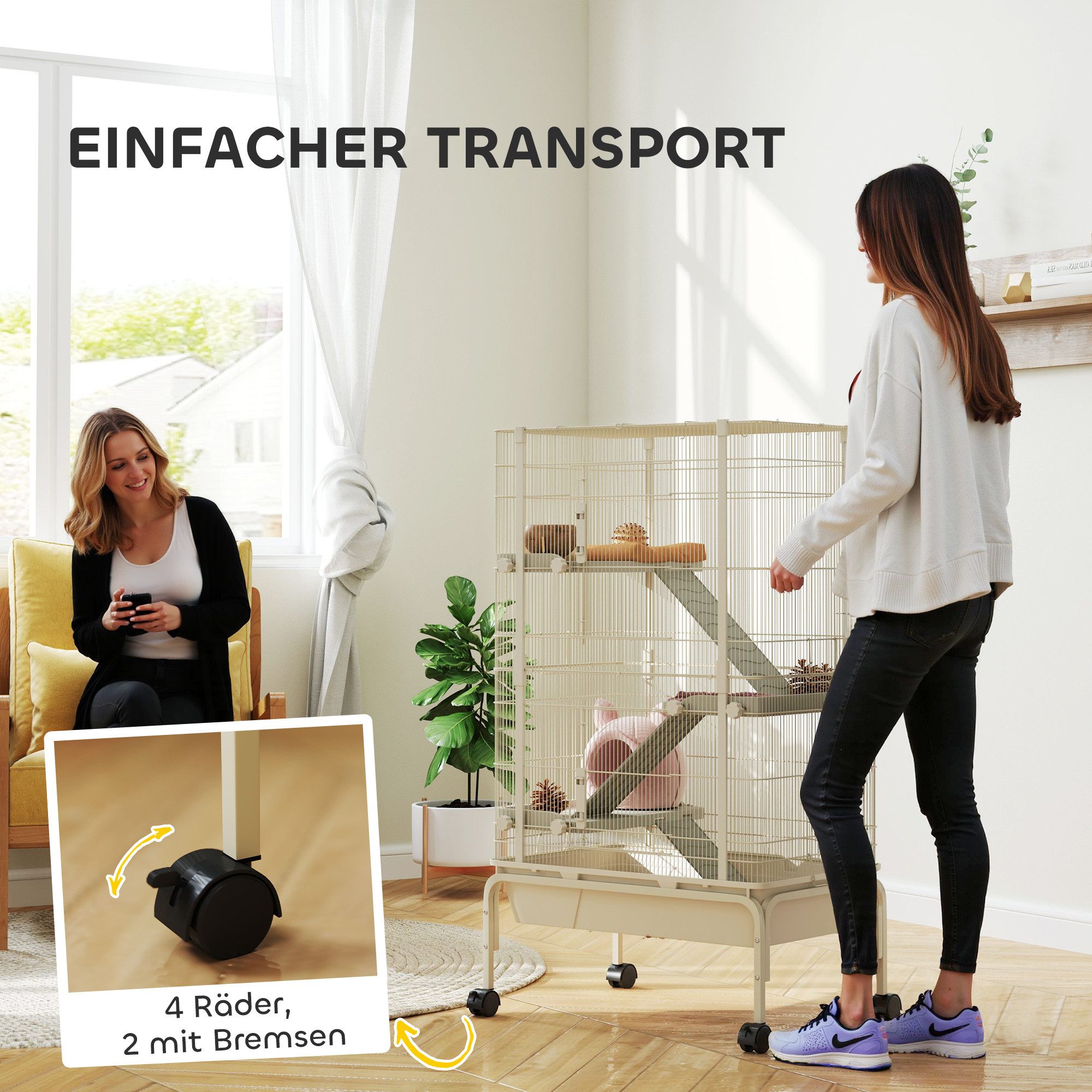 PawHut Kleintierkäfig Nagerkäfig Frettchenkäfig mit 3 Rampen, ausziehbarem Tablett, mit Zubehör für Chinchilla, Eichhörnchen, Zwerghamster Beige