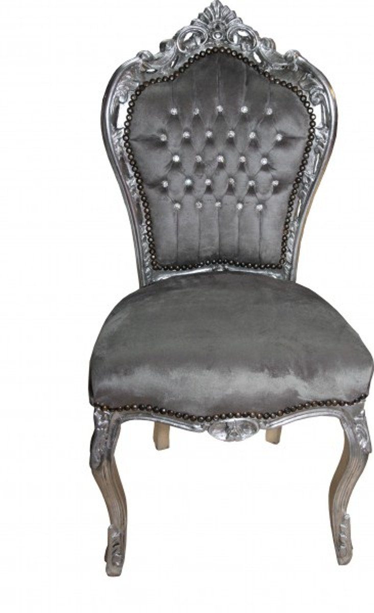 Casa Padrino Esszimmerstuhl Barock Esszimmer Stuhl Grau/Silber mit Bling Bling Glitzersteinen - Antik Stil | Stühle