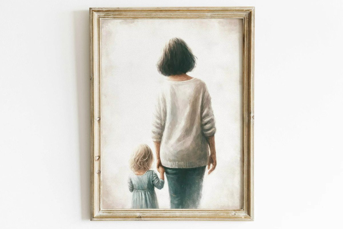 TPFLiving Kunstdruck (OHNE RAHMEN) Poster - Leinwand - Wandbild, Mutter und Kind Wandkunst Home Decor Leinwand Malerei (Leinwandbild XXL), Farben: Braun, Grau, Schwarz, Weiß, Blau, Gelb -Größe: 20x30cm