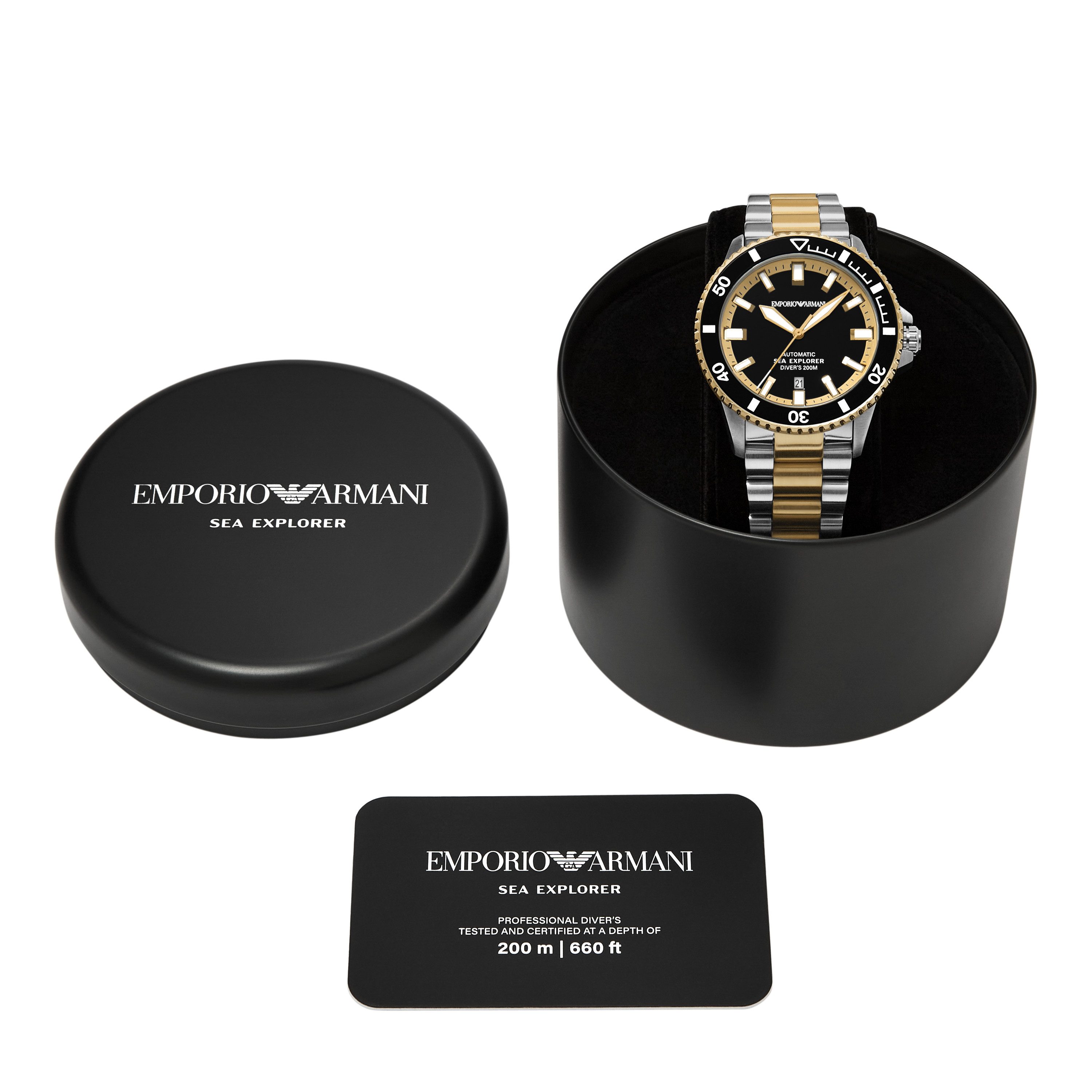 Emporio Armani Automatikuhr AR60089, Armbanduhr, Herrenuhr, Mechanische Uhr, Edelstahlarmband, analog, Tag
