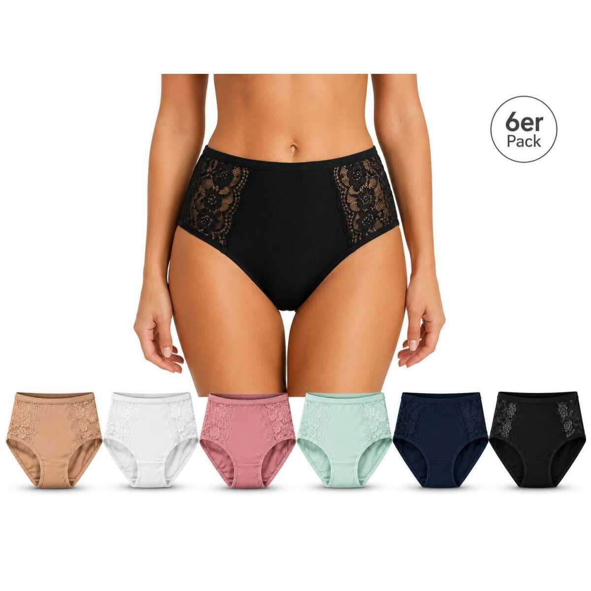 EloModa Taillenslip Damen Taillenslips 6er Pack mit Spitze High Waist Unterhosen Mix6 L (6-St) 6er Pack Spitzenslips, hoher Bund, weich & elastisch