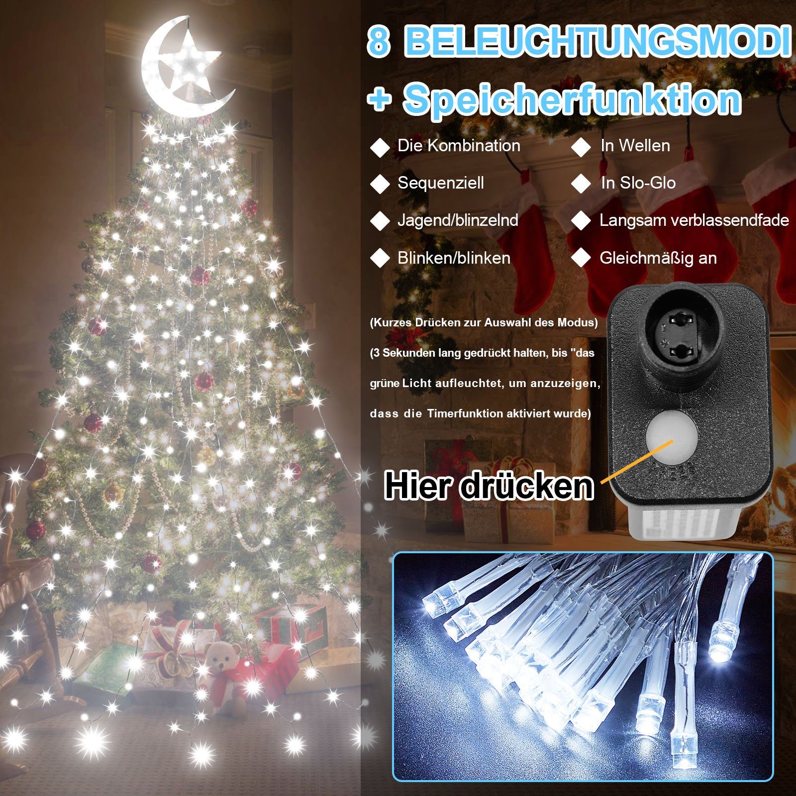 Rosnek LED-Lichtervorhang 8 Modi, Dach Mondstern,Speicherfunktion 350-flammig, mit Lichter; Weiß Innenhof wasserdicht, für Ramadan Timer;Wasserfall Baum Weihnachtsdeko, Topper