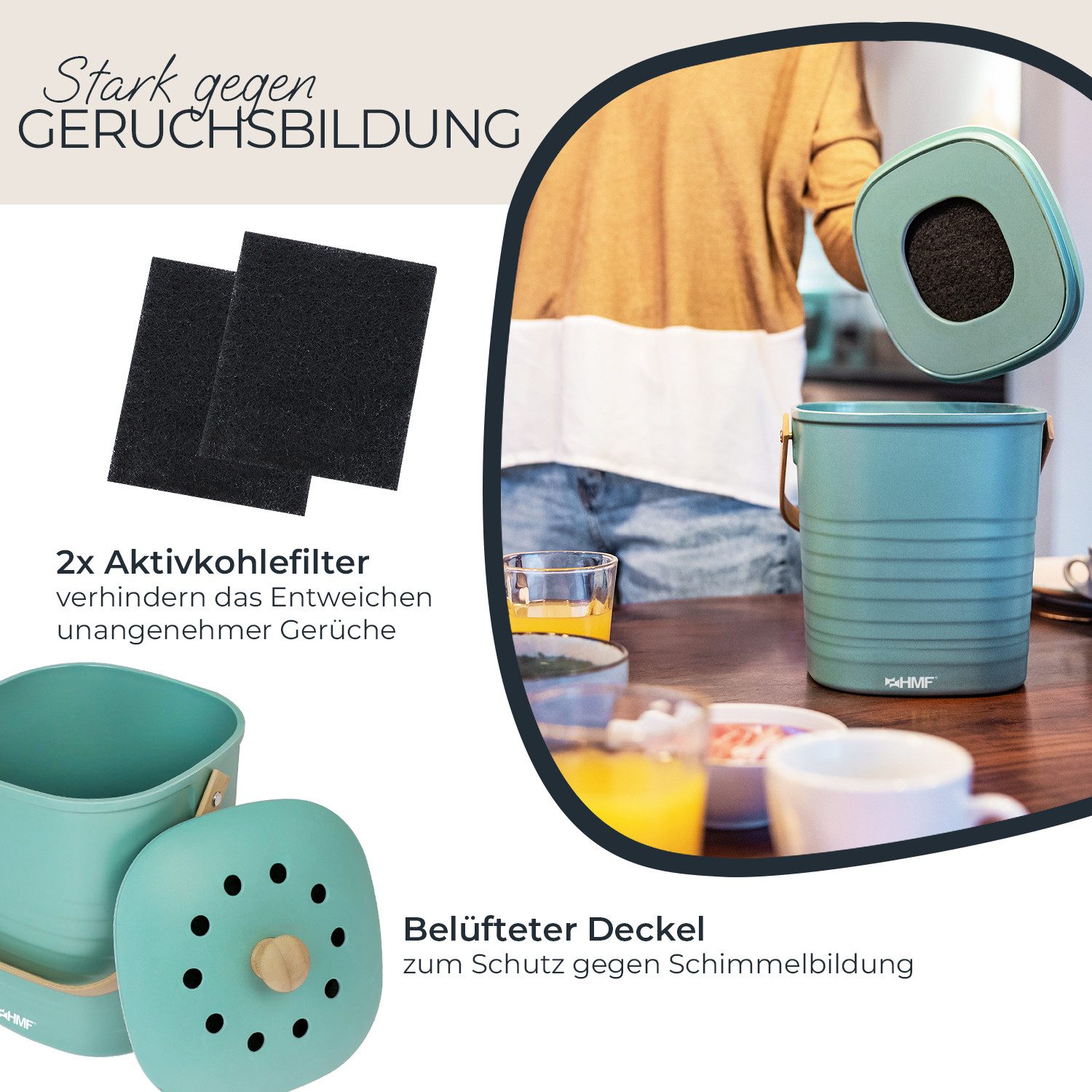 HMF Biomülleimer 3780-3L Geruchsdichter Komposteimer mit Aktivkohlefilter, nachhaltiger kleiner Bio Mülleimer für die Küche mit Deckel, 3L, Grün