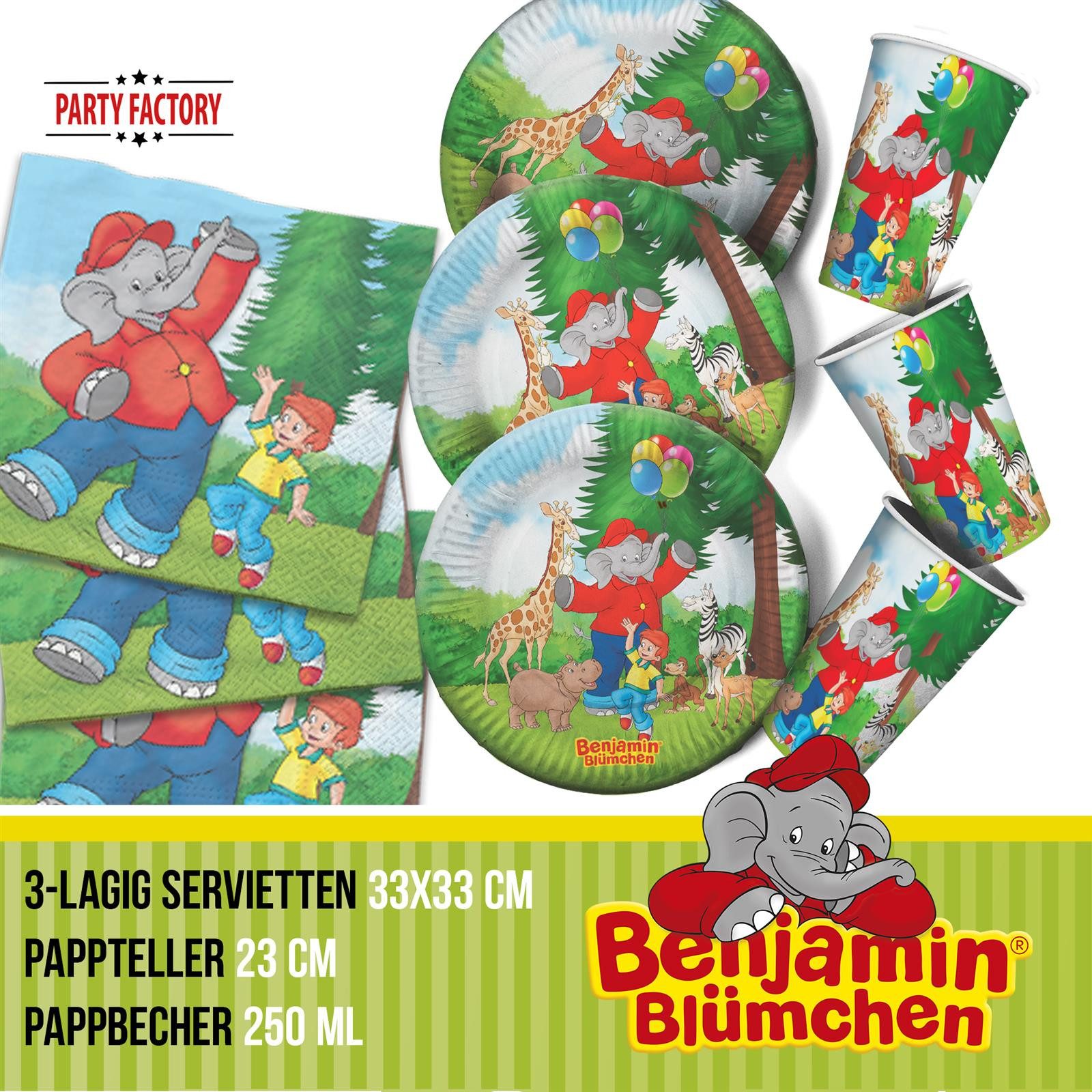 Party Factory Dekoteller Benjamin Blümchen XL Party-Set 42-teilig Einweggeschirr mit Raumdeko (Sparset, 10 Becher, 10 Teller, 20 Servietten, Wimpelkette und Tischdecke), rundum Dekoration