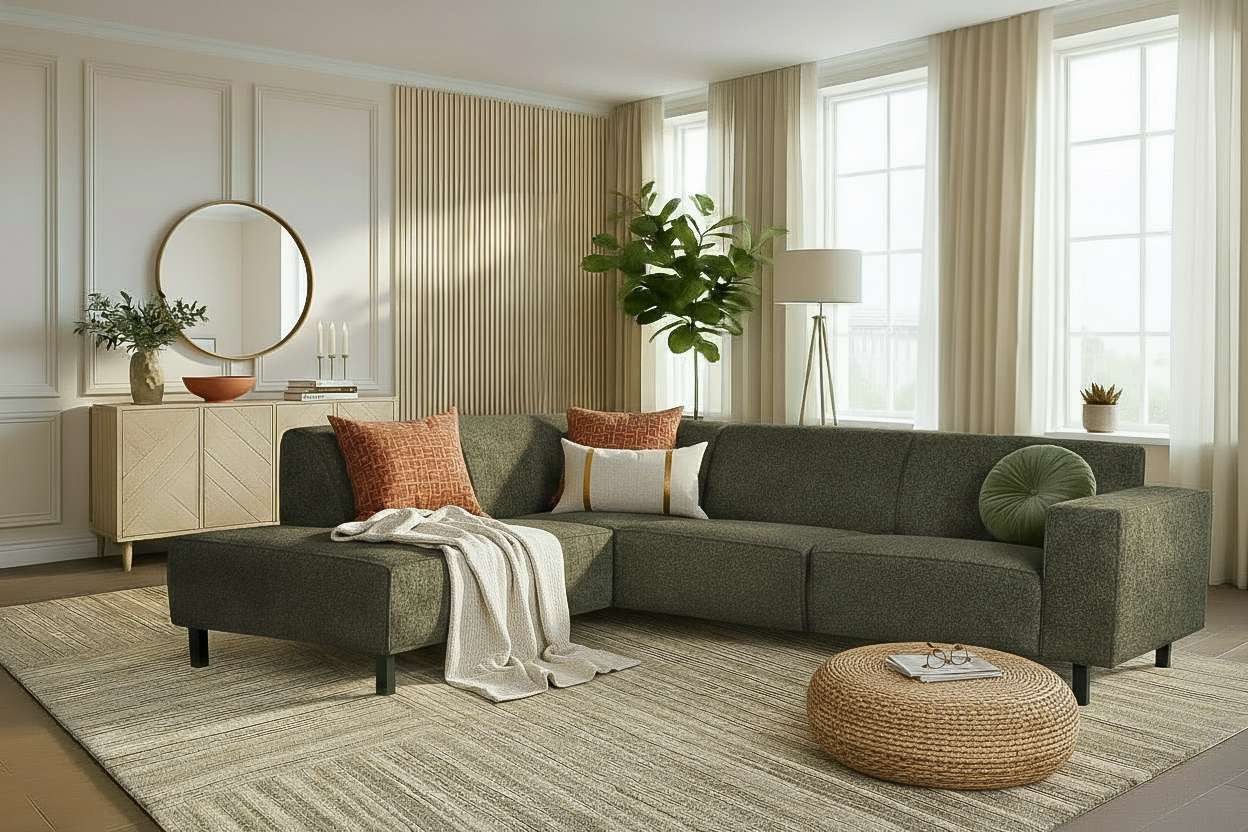 Home affaire Ecksofa LORCAN mit Holzfuß, Breite 275 cm, weiches Sitzgefühl, Massivholzfüsse, Chenille und Bouclé -Bezüge