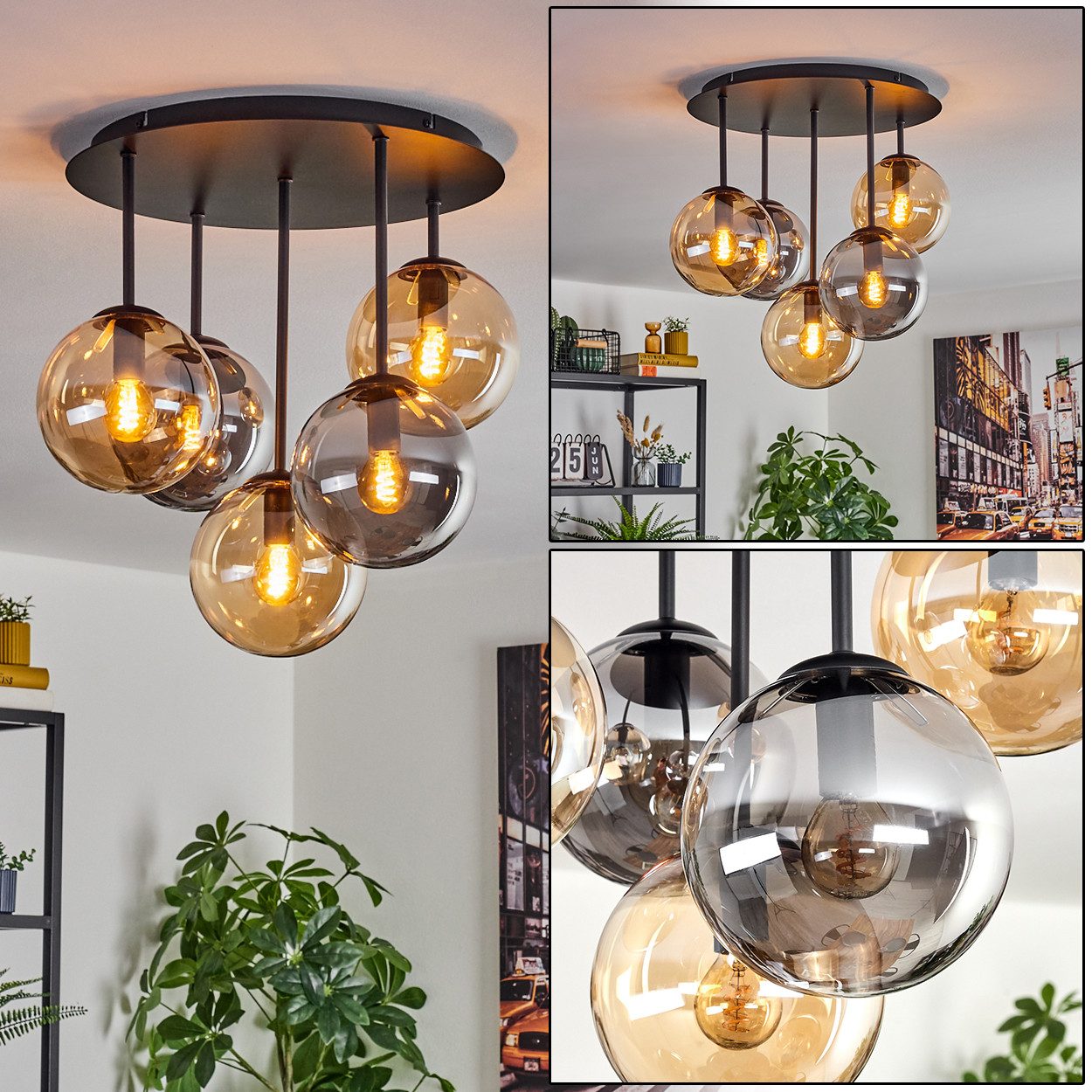 hofstein Deckenleuchte Deckenlampe aus Metall/Glas in Schwarz/Rauch-/Bernsteinfarben, Deckenleuchte im Retro/Vintage-Design (Schirme Ø 15 cm), 5 x E14