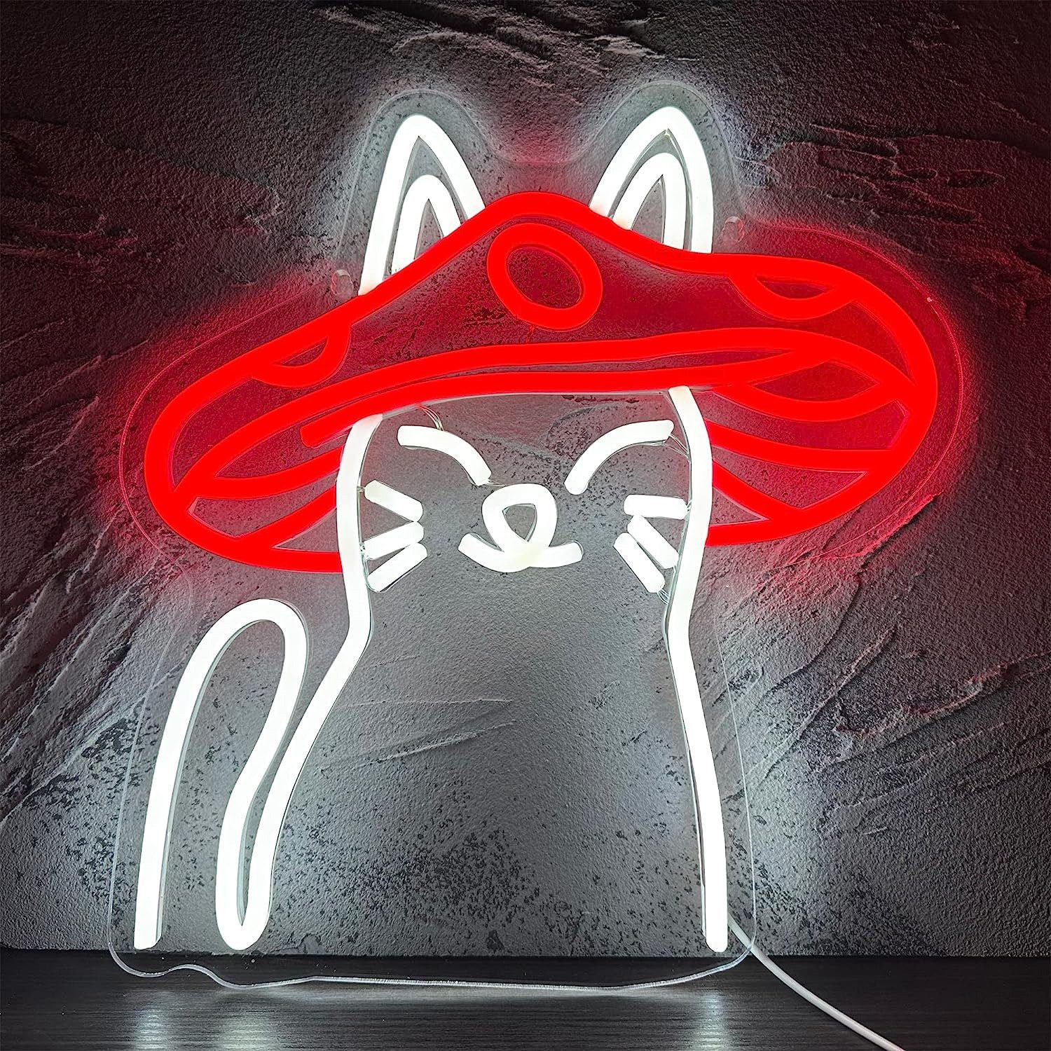 MUPOO LED Dekolicht LED Nachtlicht Halloween LED Neon Schild Pilz-Katzen Leuchtfiguren, Halloween Dekorationen, 2M Kabel-USB Batterie Acryl,Wandleuchte,LED Fest integriert,Nachtlicht