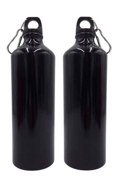 BURI Trinkflasche 2x Alu Trinkflasche 1Liter schwarz glänzend Karabiner Wasserflasche Sp