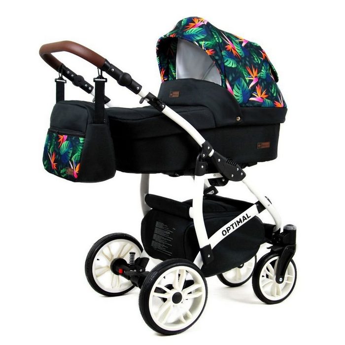 Raf-Pol Kombi-Kinderwagen Polbaby Kinderwagen Optimal 3in1 -Set Wanne Buggy Babyschale Autositz mit Zubehör Tropical Flowers (3-tlg)