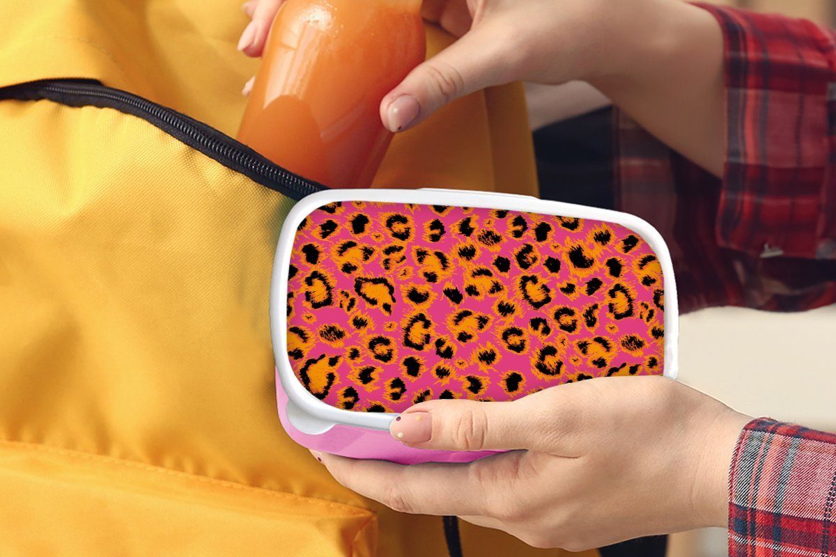 Leopardenmuster, Brotbox (2-tlg), Pelz - - Kunststoff, für Kunststoff Design Kinder, Brotdose MuchoWow Mädchen, Snackbox, Erwachsene, Lunchbox rosa