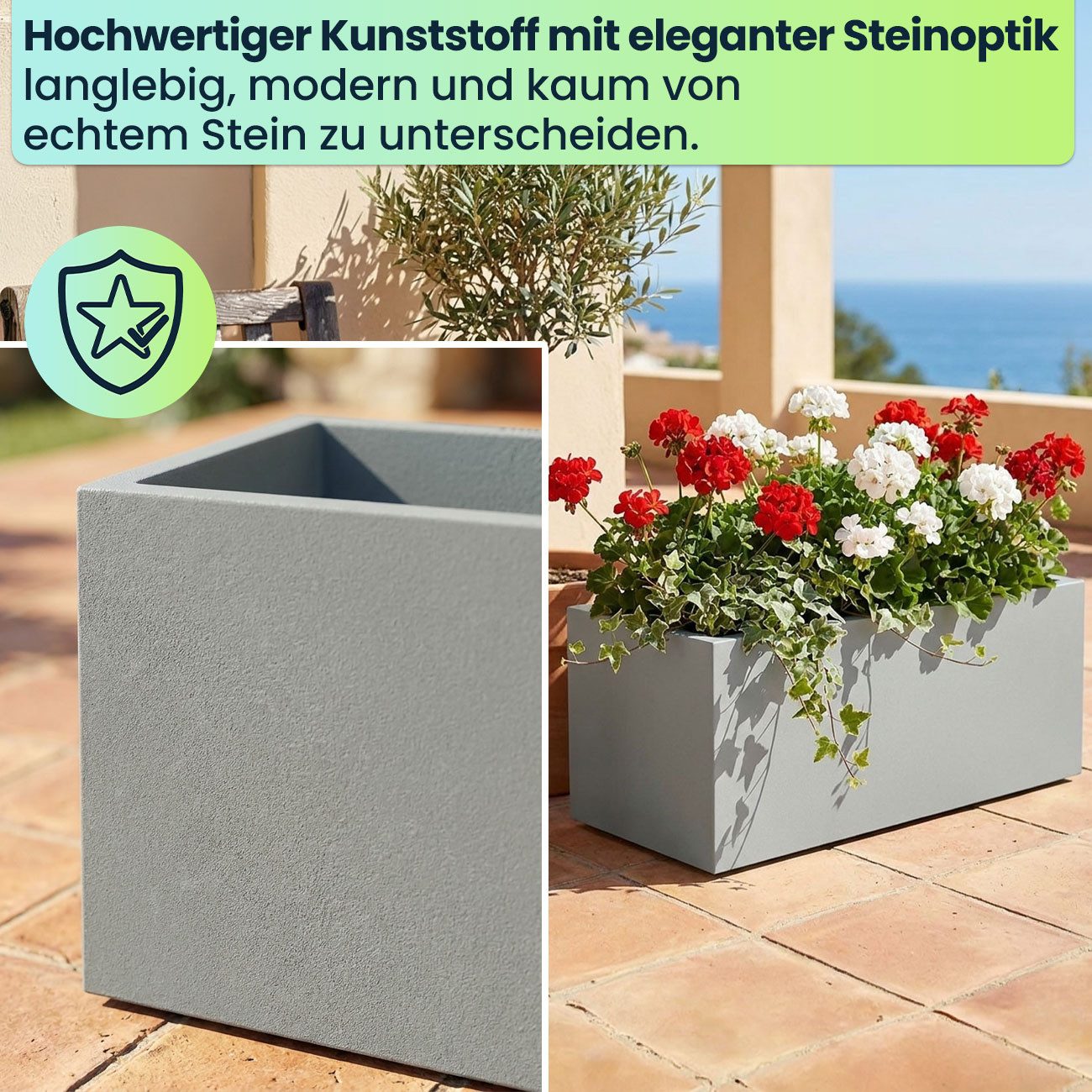 Prosperplast Blumenkasten Rechteckiger Pflanzkasten 58cm, 35L Beton-Grau, Kunststoff, UV-Schutz, Moderner 35L Pflanzkasten in Beton-Grau – frostsicher & UV-beständig
