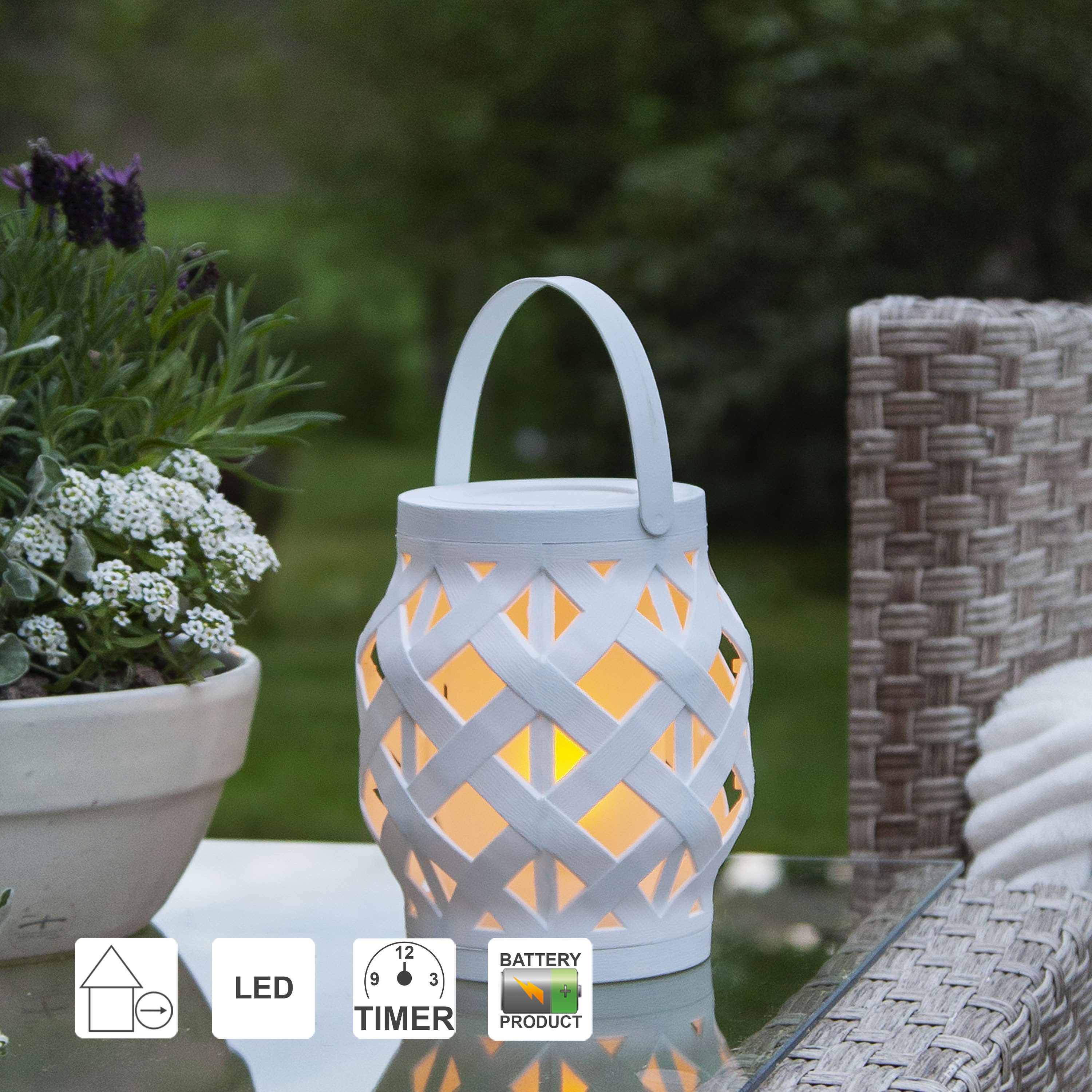STAR TRADING Außen-Tischleuchte Flame lantern, LED Outdoor-Laterne,Flame Lantern, Batterie und Timer, weiß, 16cm, Ø