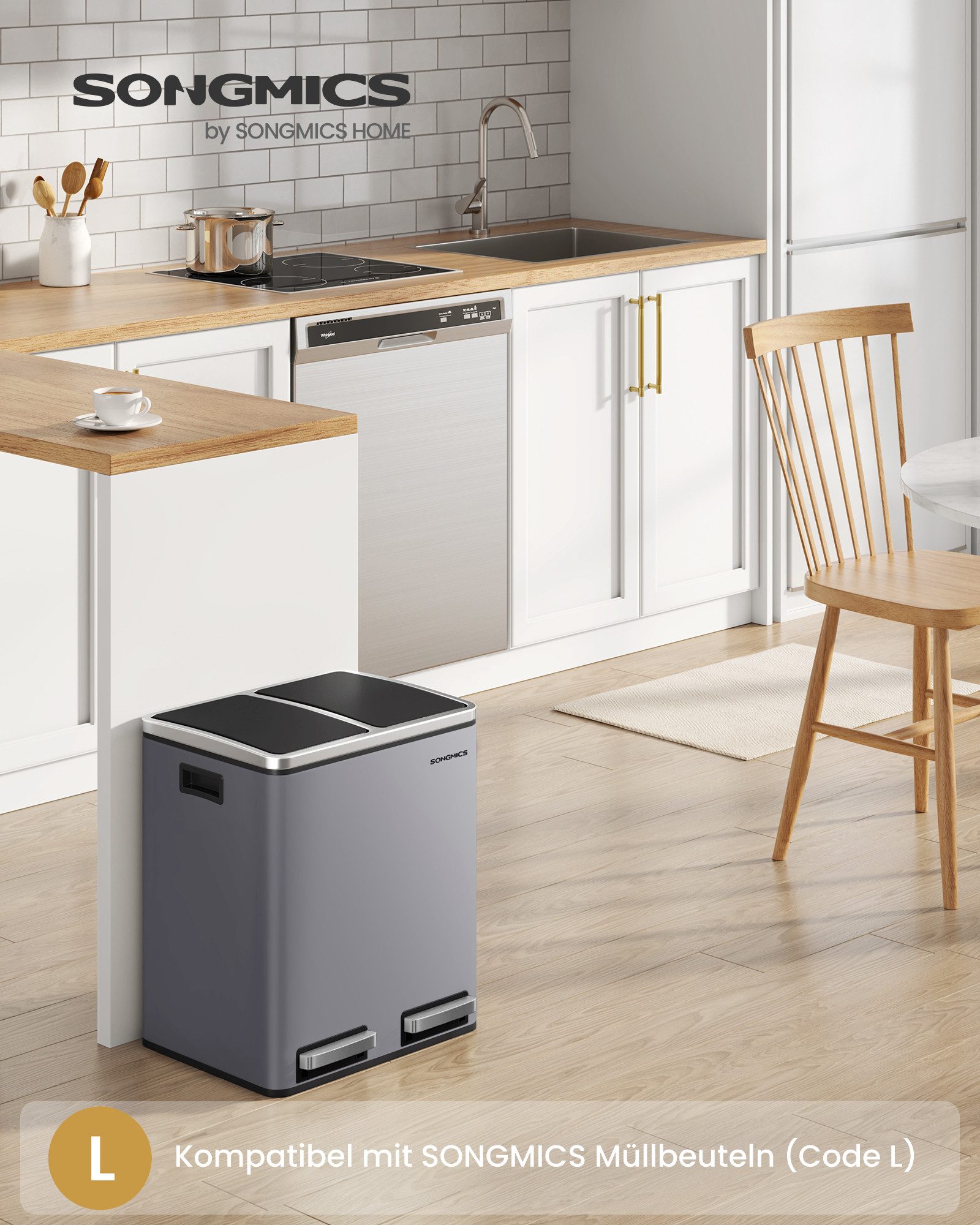 SONGMICS Mülleimer 2 Fächer, Mülltrennsystem, Treteimer, Abfalleimer Küche, 15 Müllsäcke, 2x15 L, Inneneimer aus Kunststoff, Klappdeckel, Softclose, luftdicht
