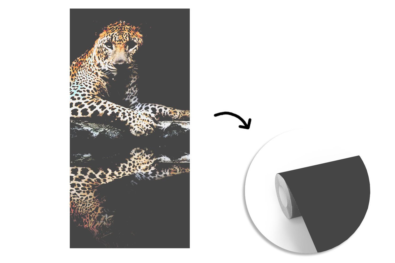 MuchoWow Fototapete Leopard - Wasser - Matt, Schlafzimmer Wald, Küche, Fototapete St), (2 bedruckt, Vliestapete Wohnzimmer für