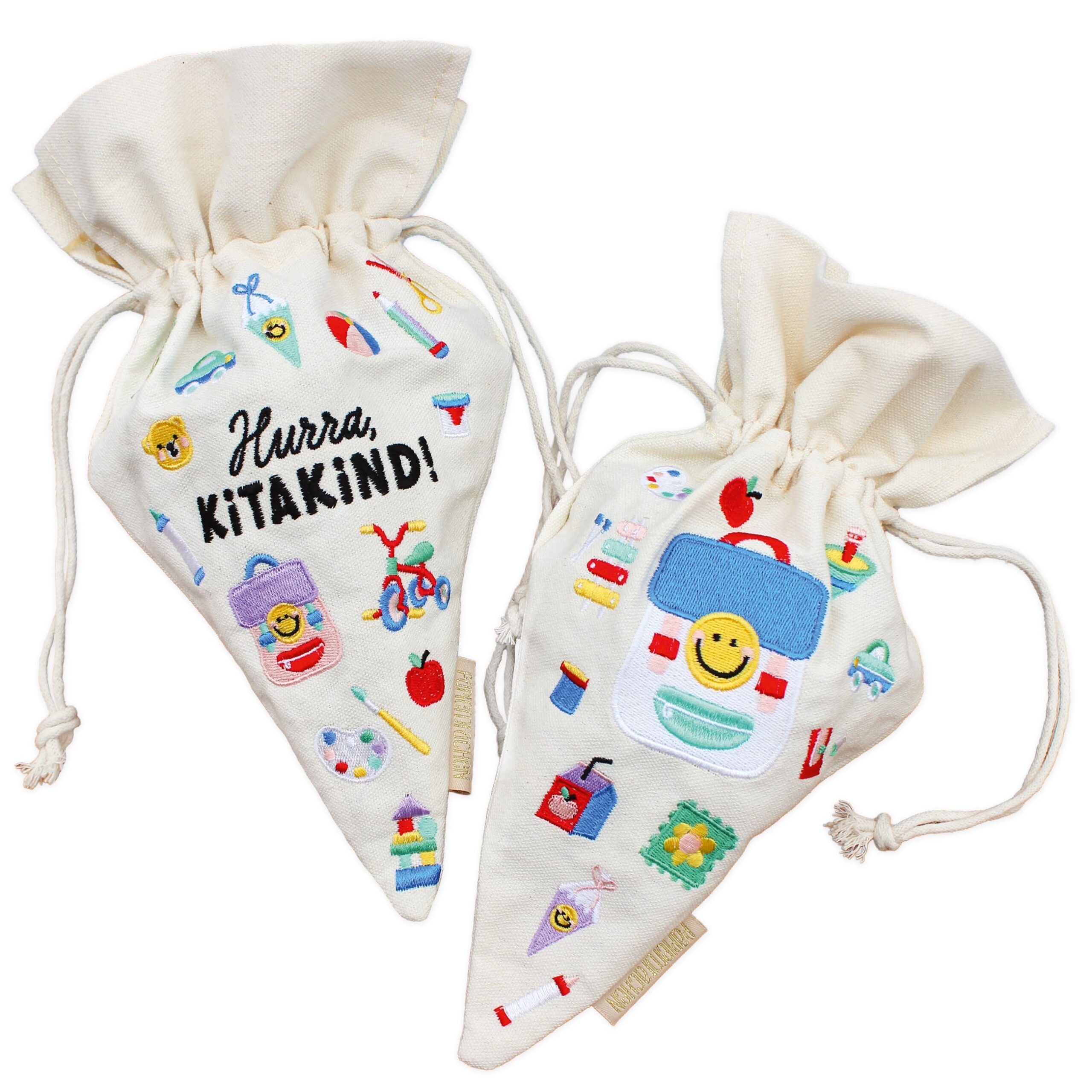 PAPIERDRACHEN Aufbewahrungstasche 2 Geschenkbeutel Kitakind - Bestickt mit Kordelzug
