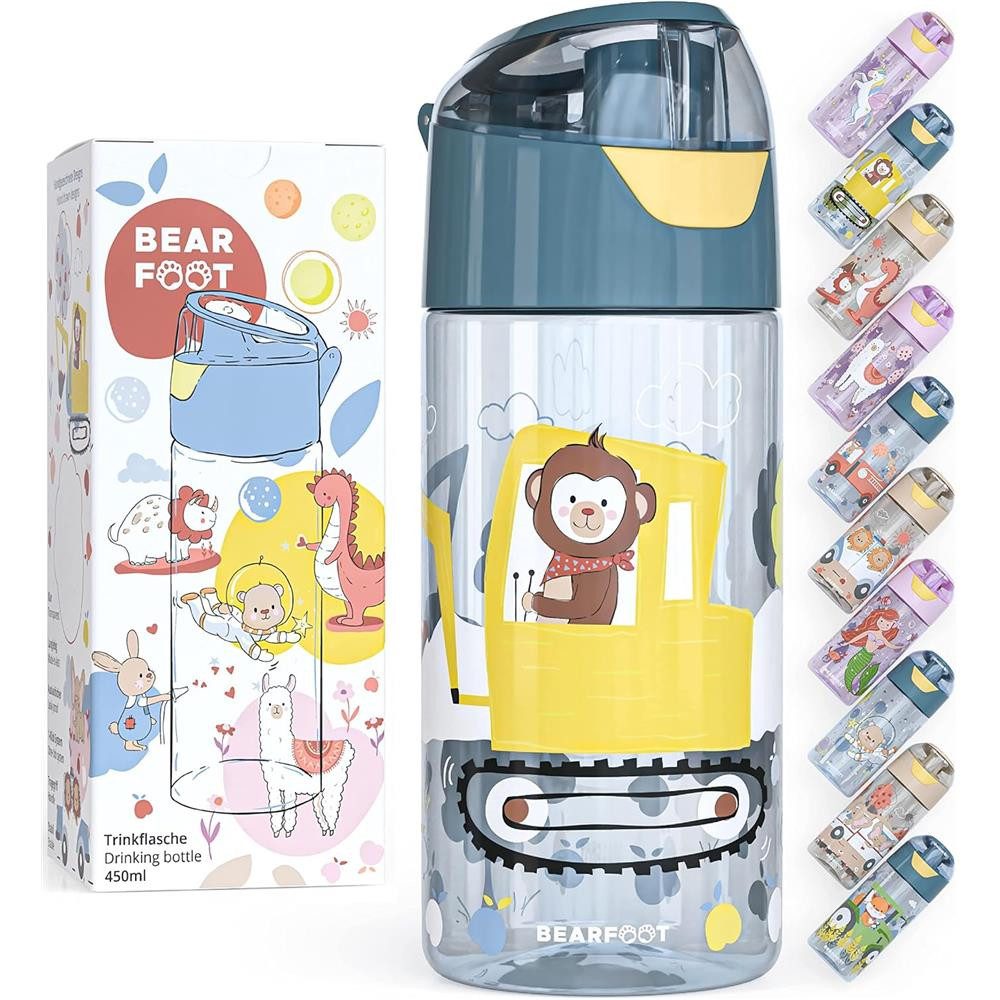 BEARFOOT Trinkflasche Kinder-Trinkflasche 450 ml, Auslaufsicher, BPA-frei, 1-Klick-System, 180°-Deckel, Tragegriff
