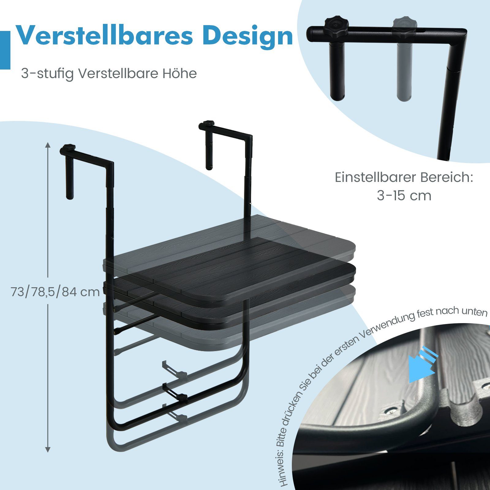 COSTWAY Balkonhängetisch klappbar, 3-stufig verstellbar