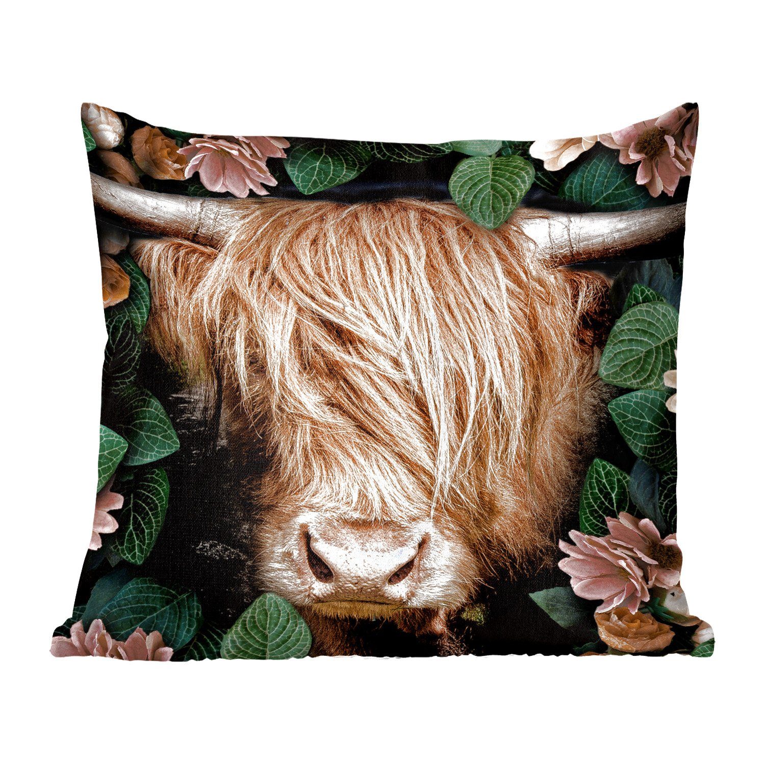 MuchoWow Dekokissen Schottischer Highlander - Blumen - Kuh, Zierkissen mit Füllung für Wohzimmer, Schlafzimmer, Deko, Sofakissen