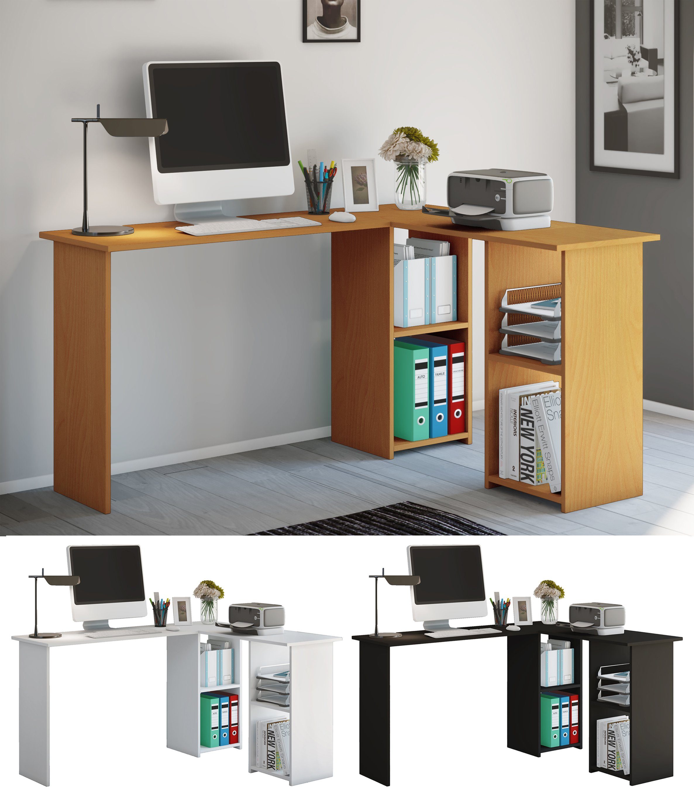VCM Schreibtisch Holz Eckschreibtisch Schreibtisch Bürotisch Lusias Weiß | Schreibtische