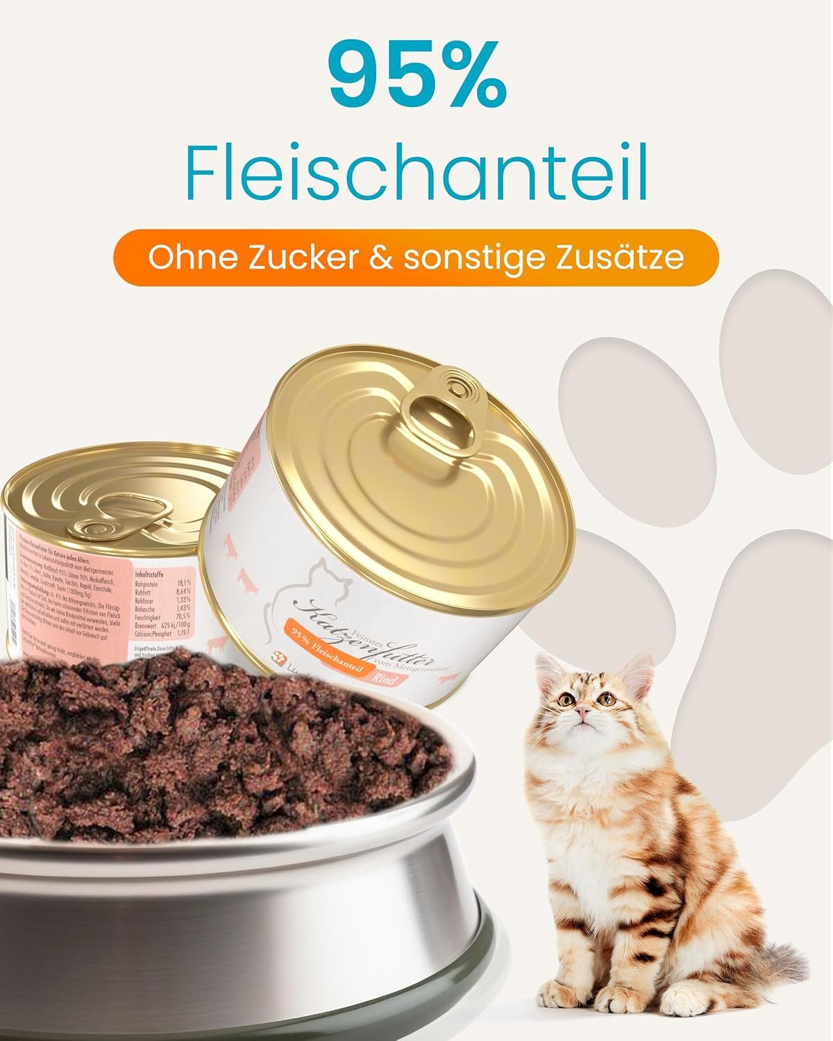 Lucky-Kitty Katzenfutter Rind, 95% Fleischanteil, getreidefrei, hypoallergen 4x200g, Nassfutter für: Katzen, frisches Rindfleisch in Metzgerqualität, zuckerfrei, Monoprotein