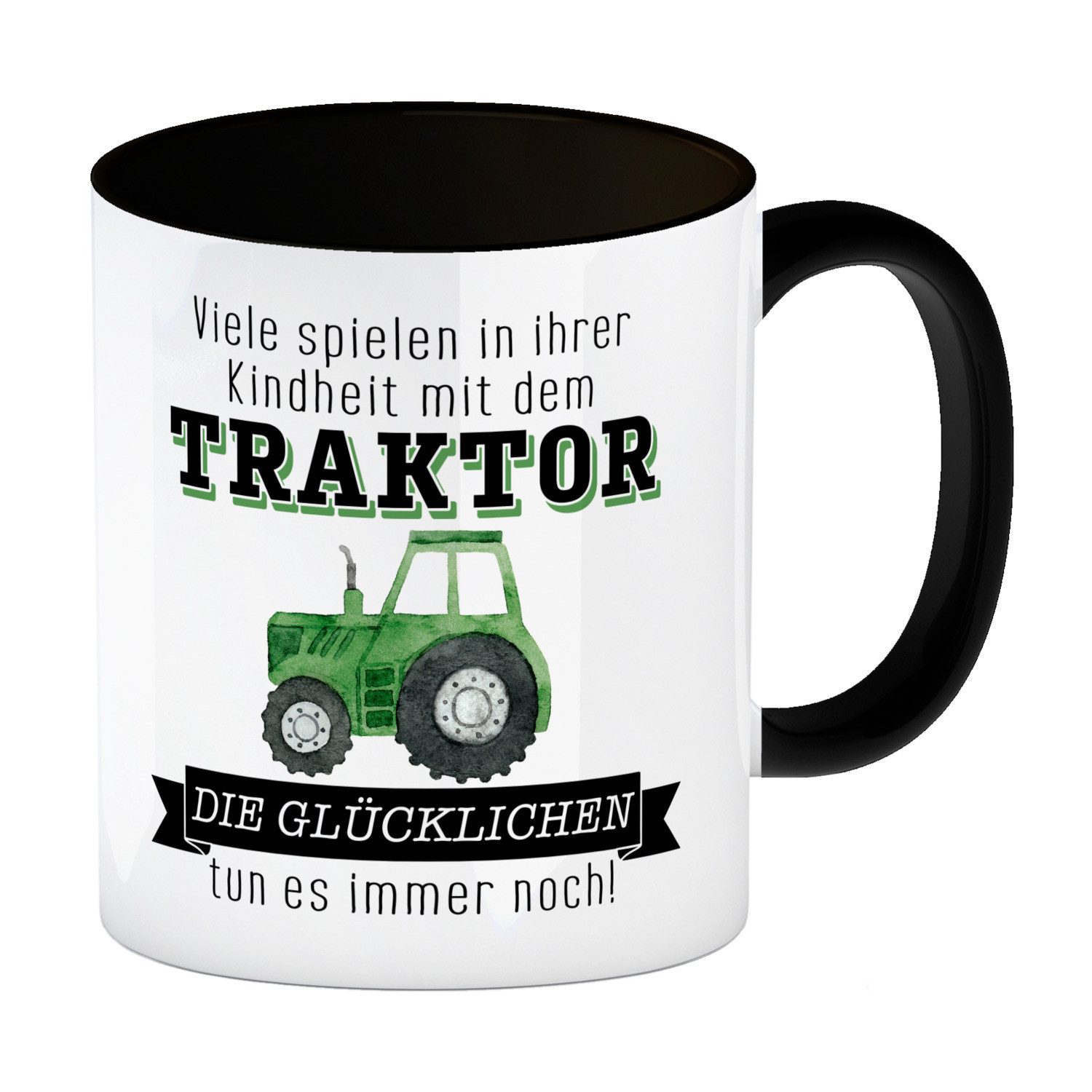 Tasse Traktor Kaffeebecher in schwarz mit Spruch Kindheitsträume Für immer
