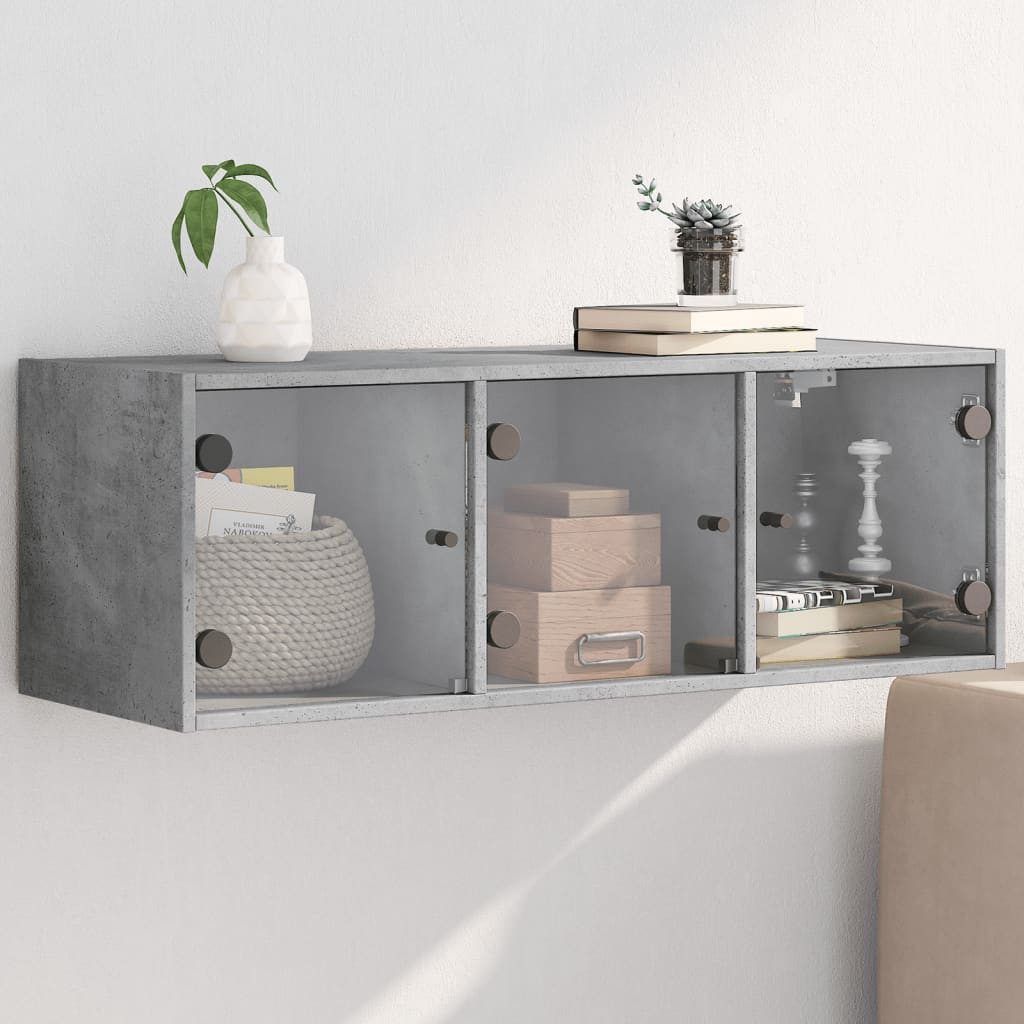 furnicato Wandhängeschrank Hängeschrank Betongrau 102x37x35 cm aus Holzwerkstoff und Glas, 1-tlg., Stabile Vitrine mit Glastüren und Stauraum für Büro oder Wohnraum