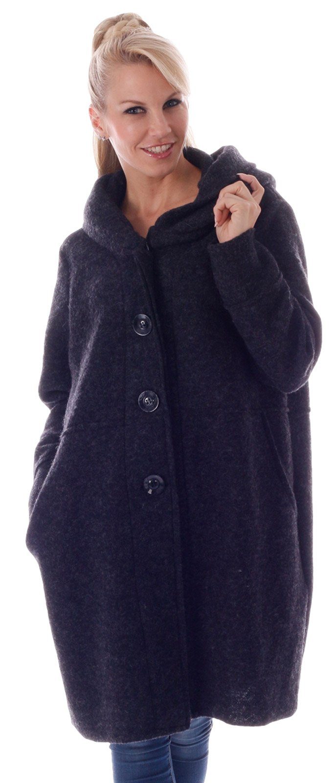 Charis Moda Wollmantel Melissa Rosso mit Schalkragenkapuze Oversized Look