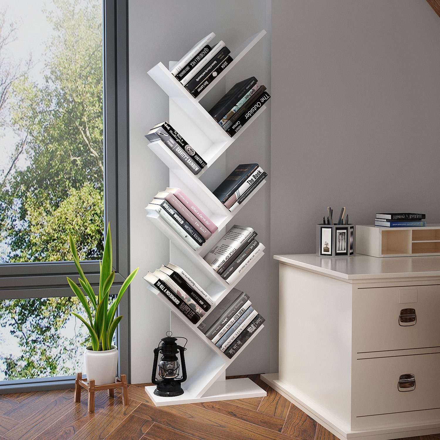 Mondeer Bücherregal in Baumform aus und Platzsparen Holz Weiß Bücherschrank, exquisites einfaches Design 9 Würfelregal lagiges