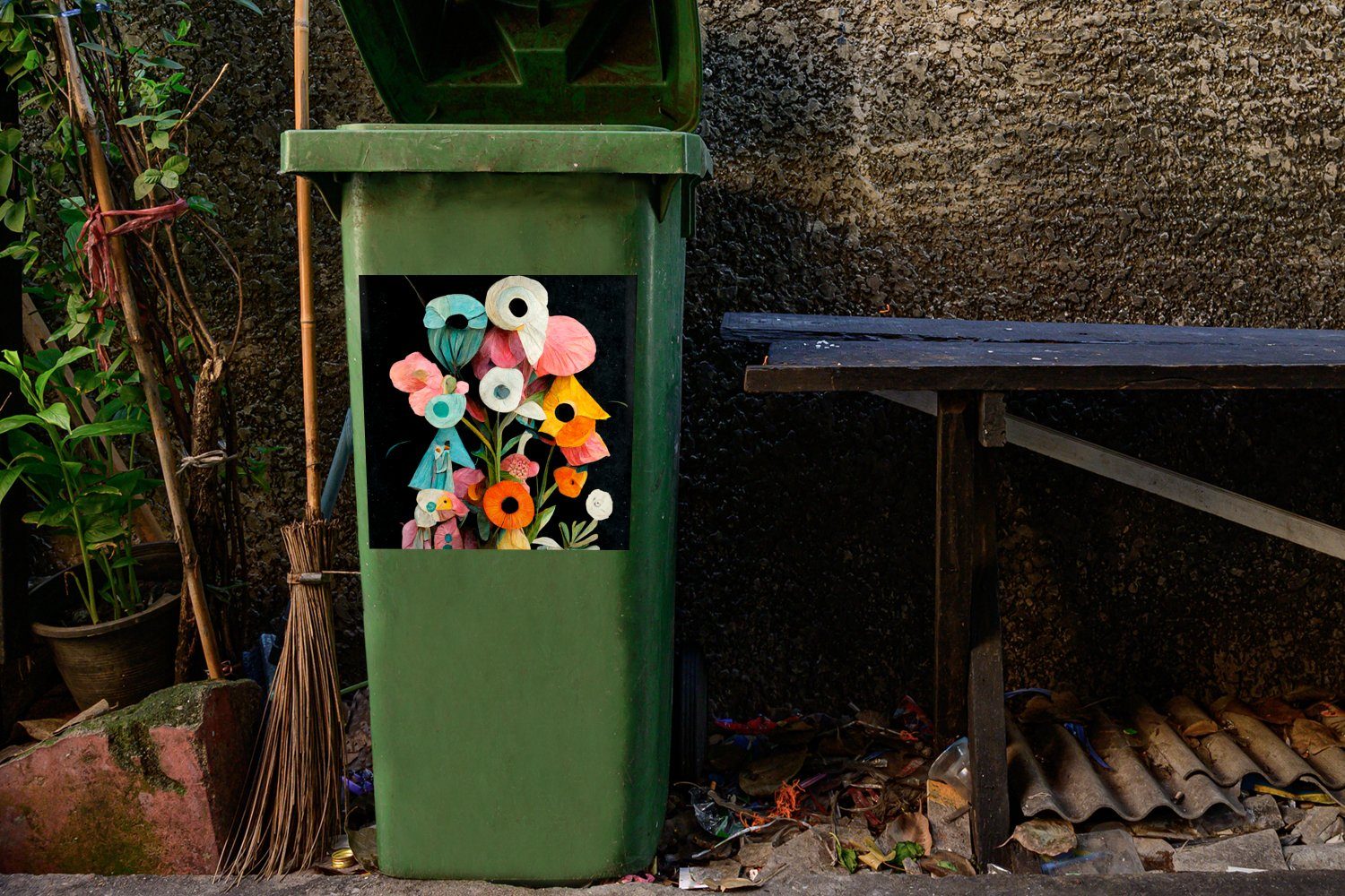 (1 Wandsticker Container, MuchoWow - Mülltonne, Vase Blumen - - Mülleimer-aufkleber, Abfalbehälter Blumenstrauß St), Sticker, Farben