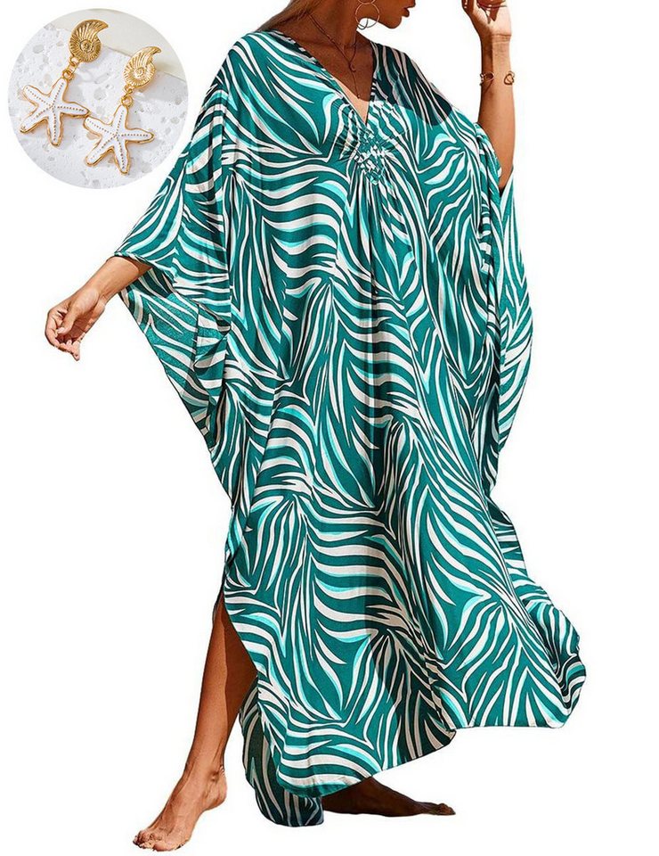 MOPUEA Strandkleid Damen Kaftan-Kleid Boho Maxikleid, Übergröße Kaftane Bademode Coverups (Kimono Sommer-Badeanzug, Maxi-Strandkleid, 1-tlg., locker fließend und lang ideal für Urlaub und Freizeit) Strandkleid inkl. 1 Paar Seestern-Ohrringe