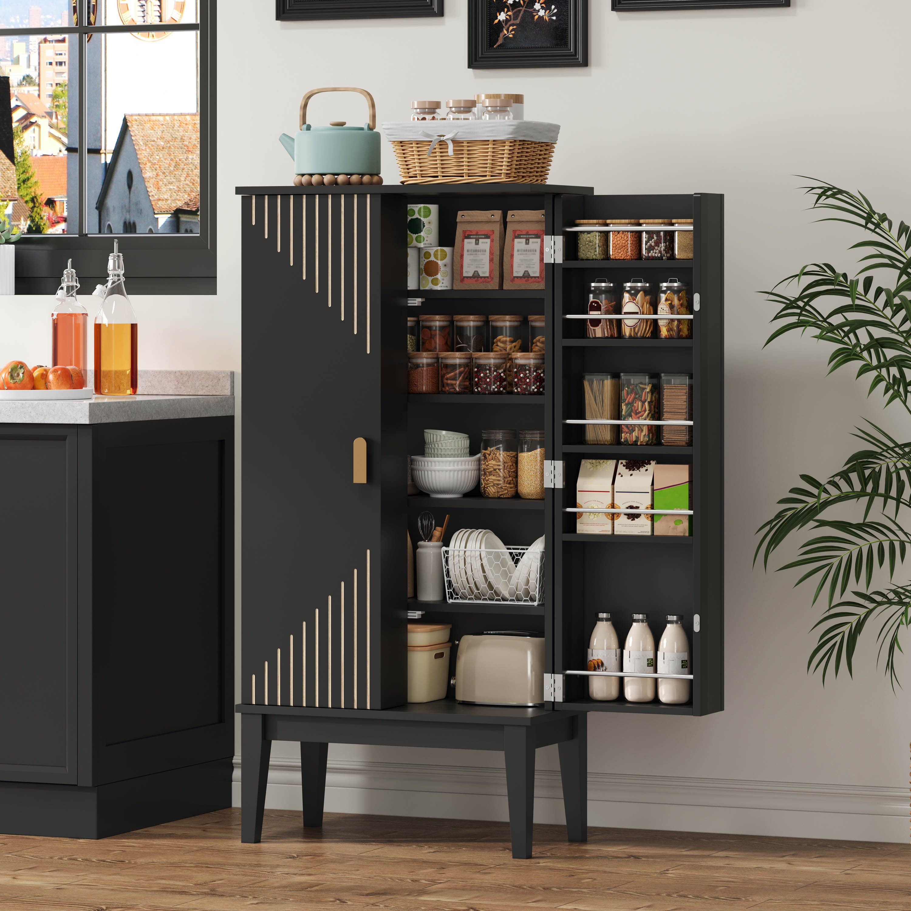 Flieks Mehrzweckschrank Hochschrank mit 2 Türablagen, Beine aus Massivholz (1-St., H120xB59xT30 cm) Küchenschrank Sideboard Aufbewahrungsschrank Schwarz