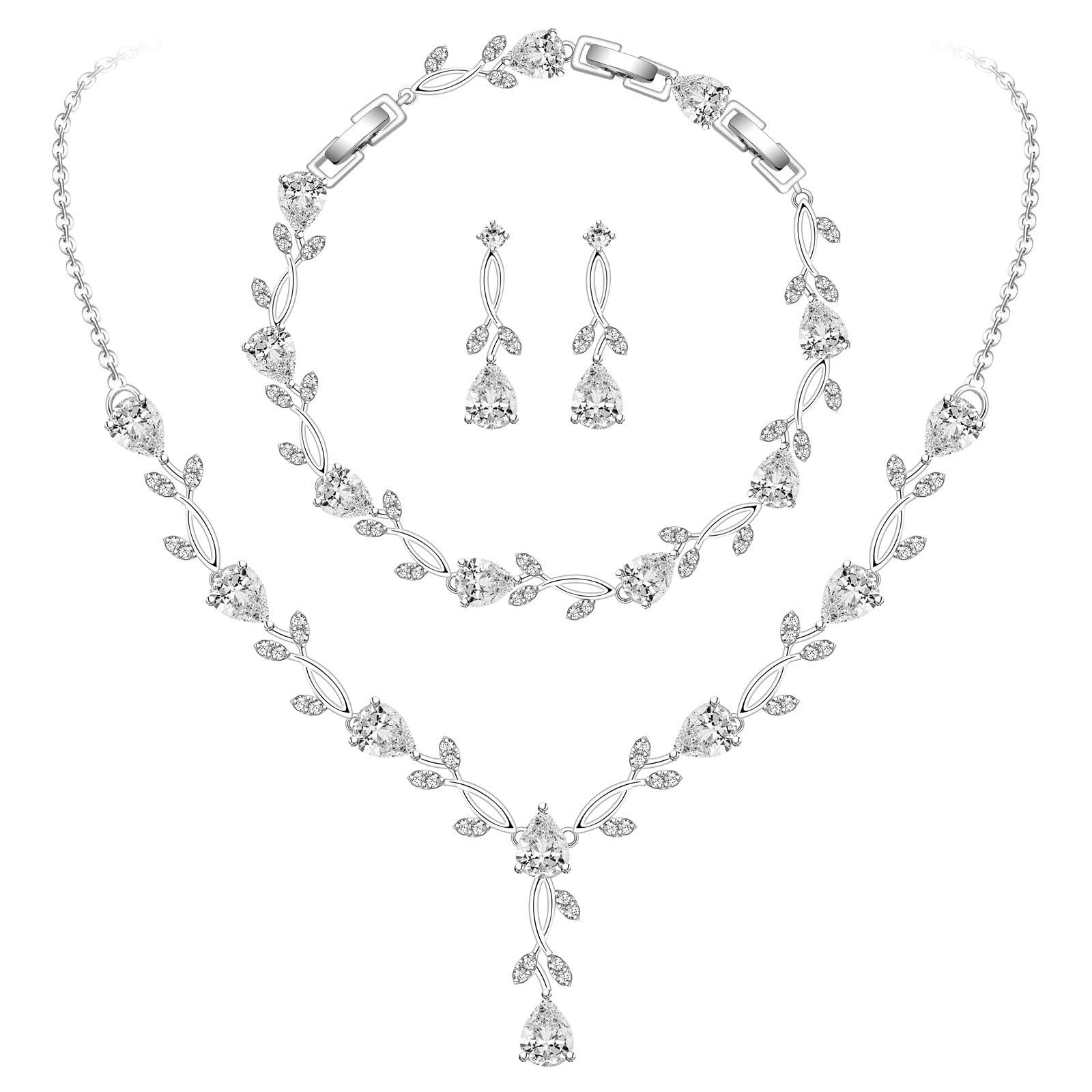 MOPUEA 3-teiliges Glitzer-Schmuckset, Halskette, Armband & Ohrringe (für Hochzeit, Abendparty & Prom, 3-tlg., mit Kristall/Zirkonia, Brautschmuck), Hochzeitsschmuck-Sets, Brautjungfern-Schmuck-Sets