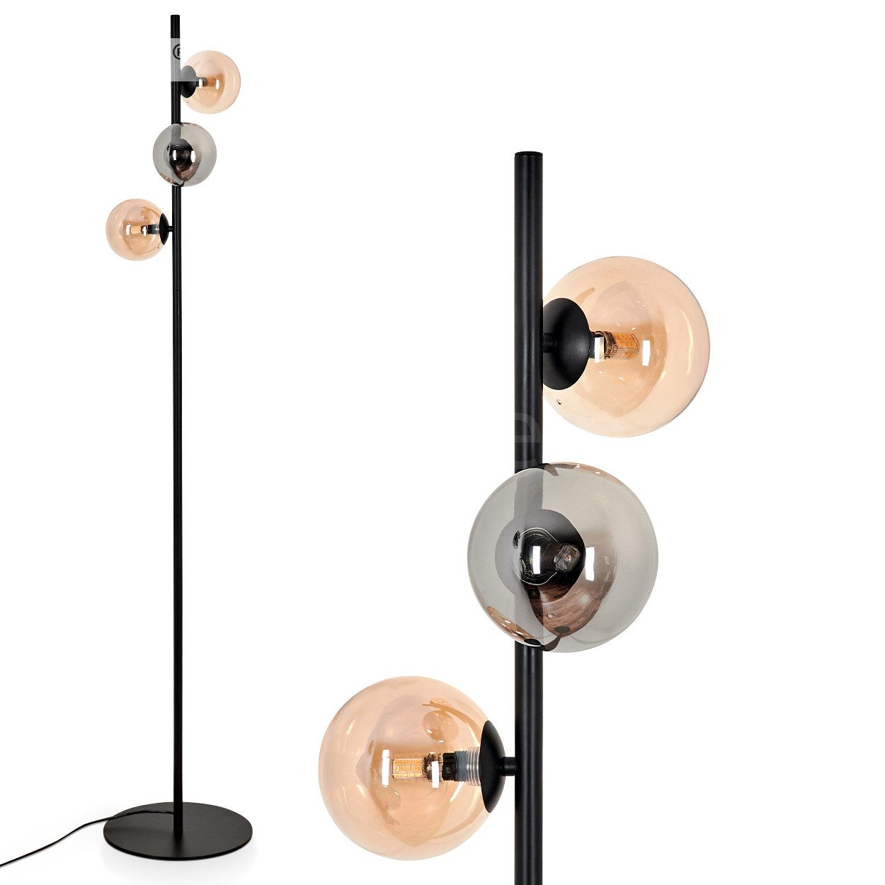Stehlampe Stehlampe aus Metall/Glas in Schwarz/Bernstein/Rauchfarben