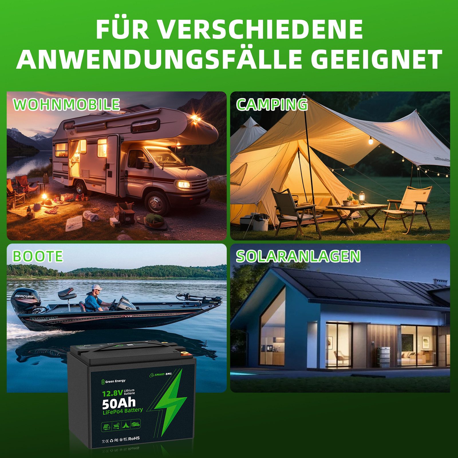 Blossom LiFePO4 Batterie 12V 50Ah mit Bluetooth BMS, 15000 Zyklen Batterie, Lithium Batterie für Wohnmobil, Camping, Solar, Boot, Offgrid-Systeme