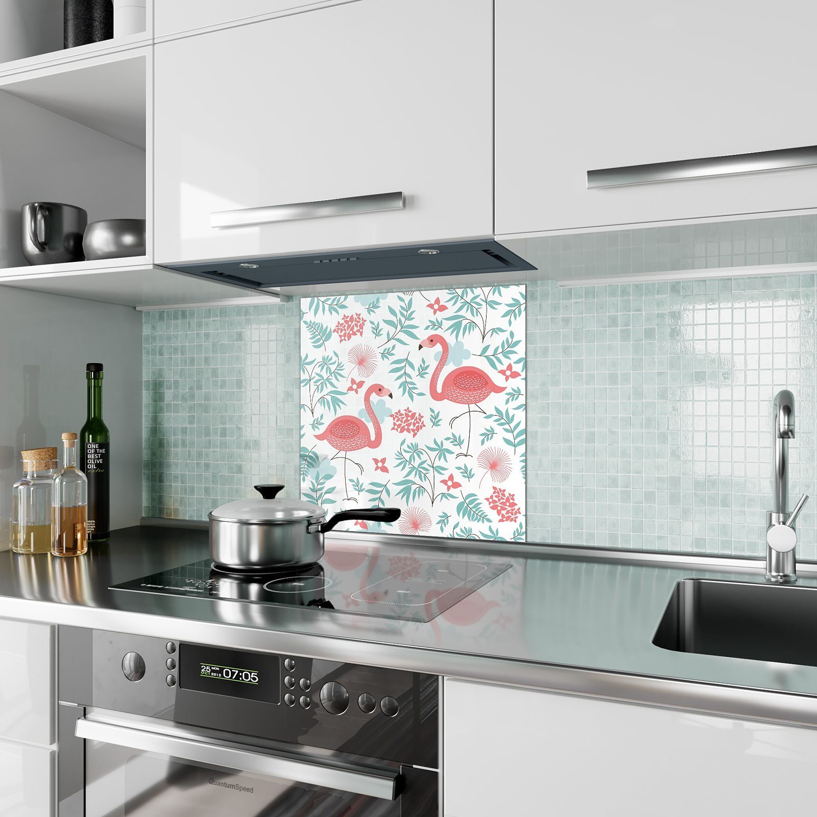 Primedeco Küchenrückwand Flamingos Glas Spritzschutz